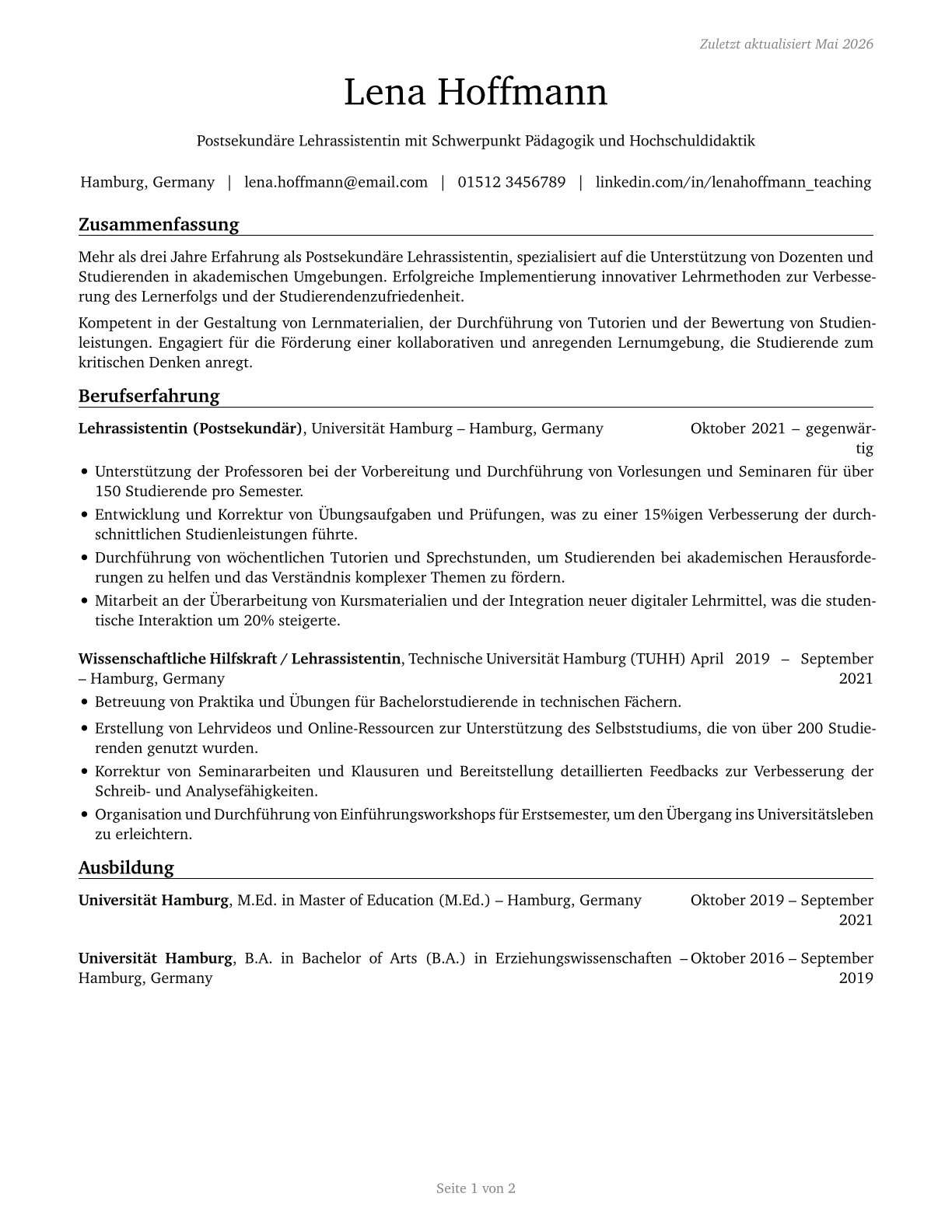 Teaching Assistants, Postsecondary CV in German — page 1