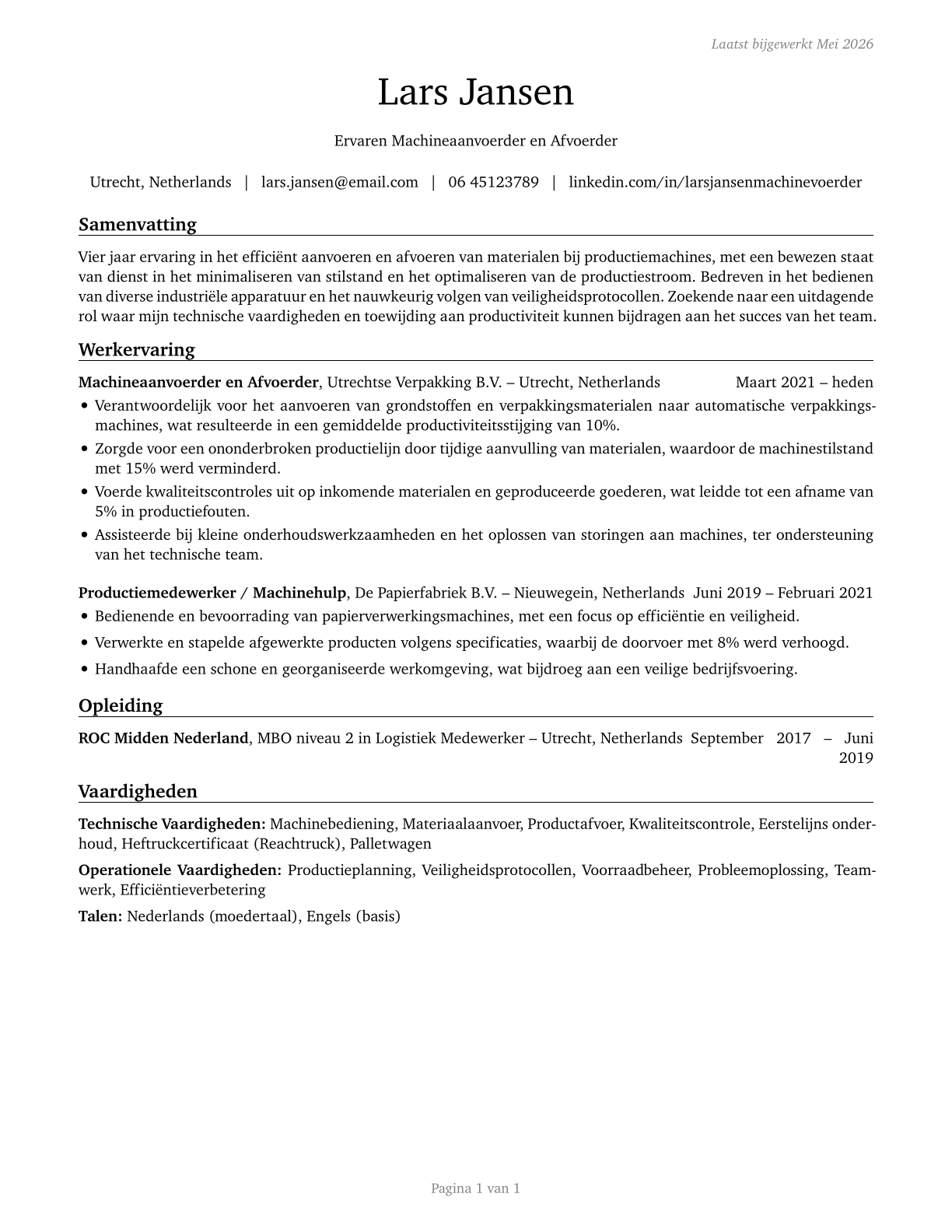 Machine Feeders and Offbearers CV in Dutch — page 1