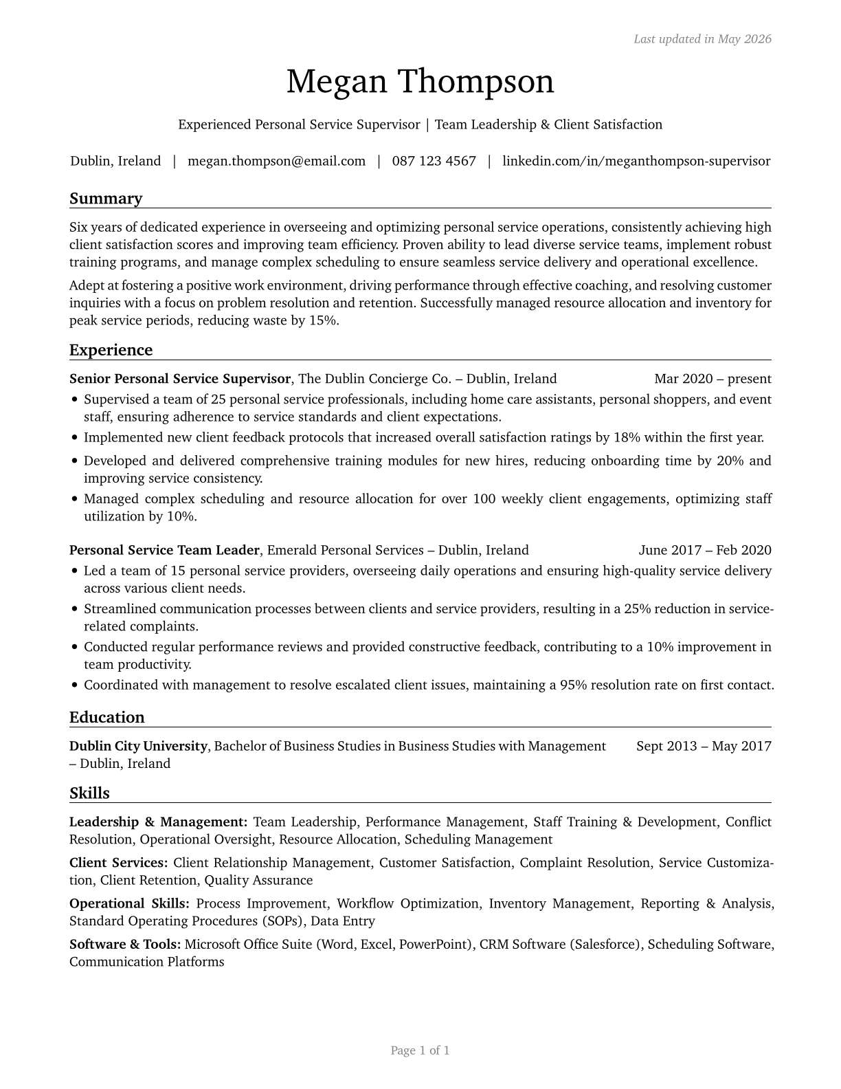 First-Line Supervisors of Personal Service Workers CV in English — page 1