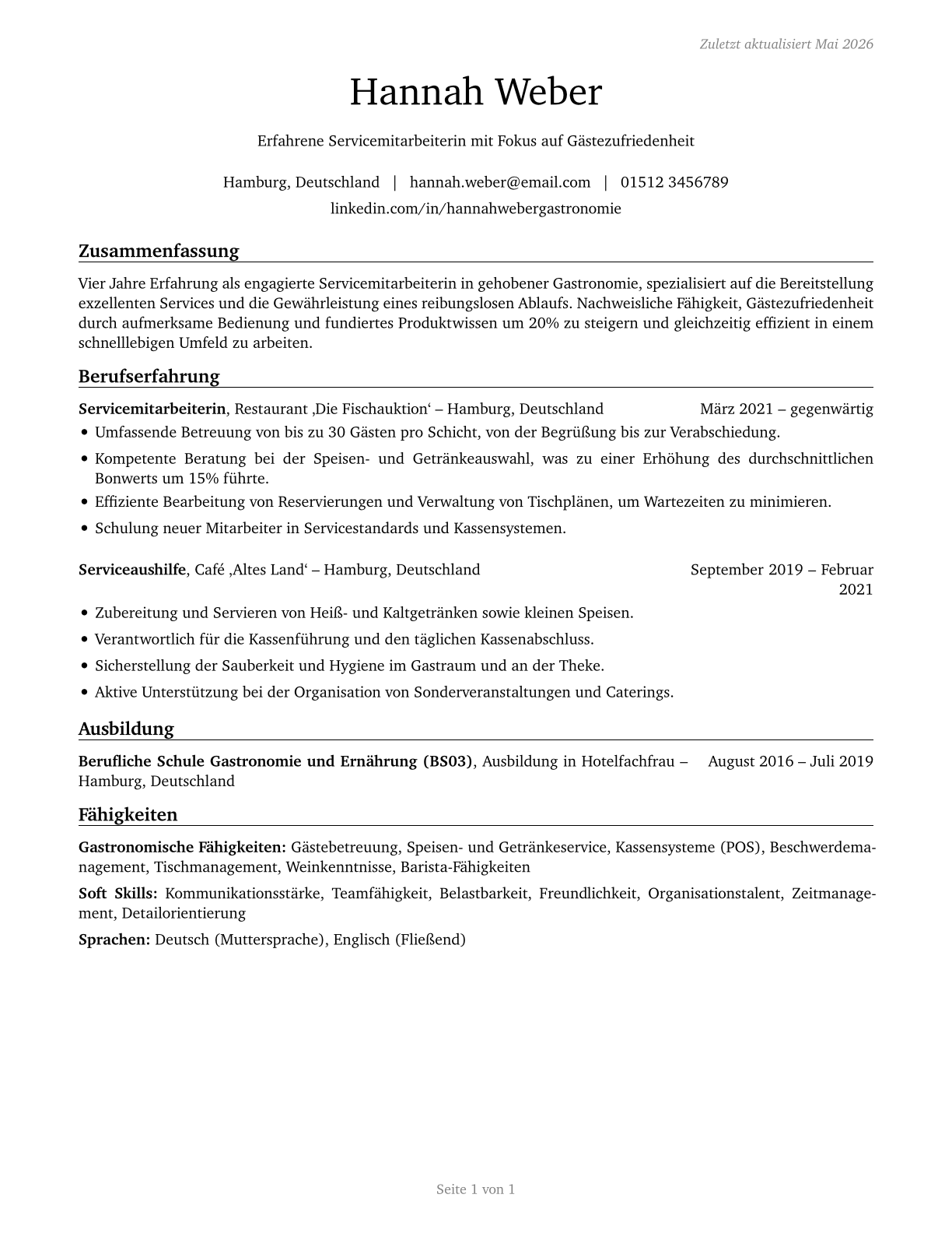 Waiters and Waitresses CV in German — page 1