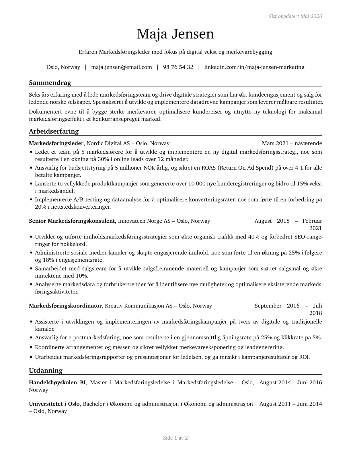 Marketing Managers CV in Norwegian_bokmal — page 1