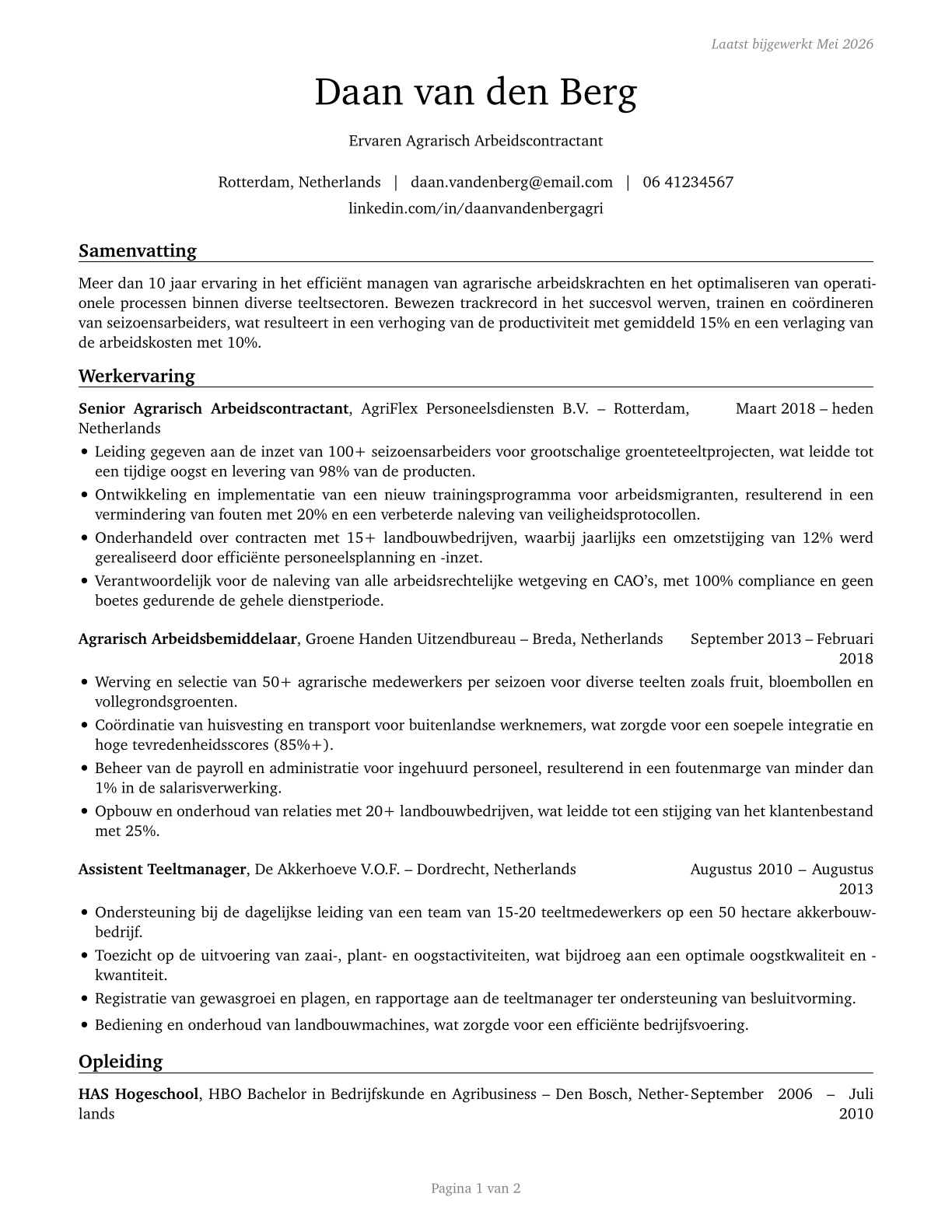 Farm Labor Contractors CV in Dutch — page 1