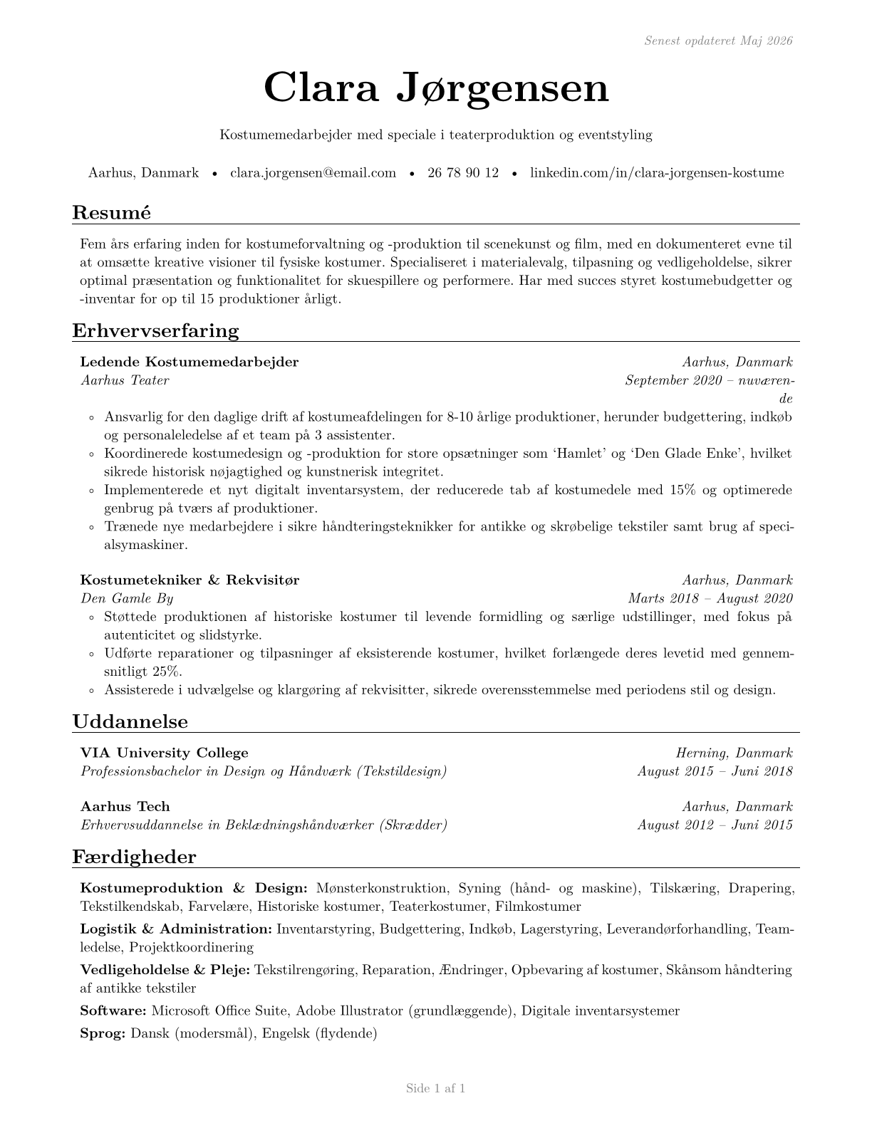 Costume Attendants CV in Danish — page 1