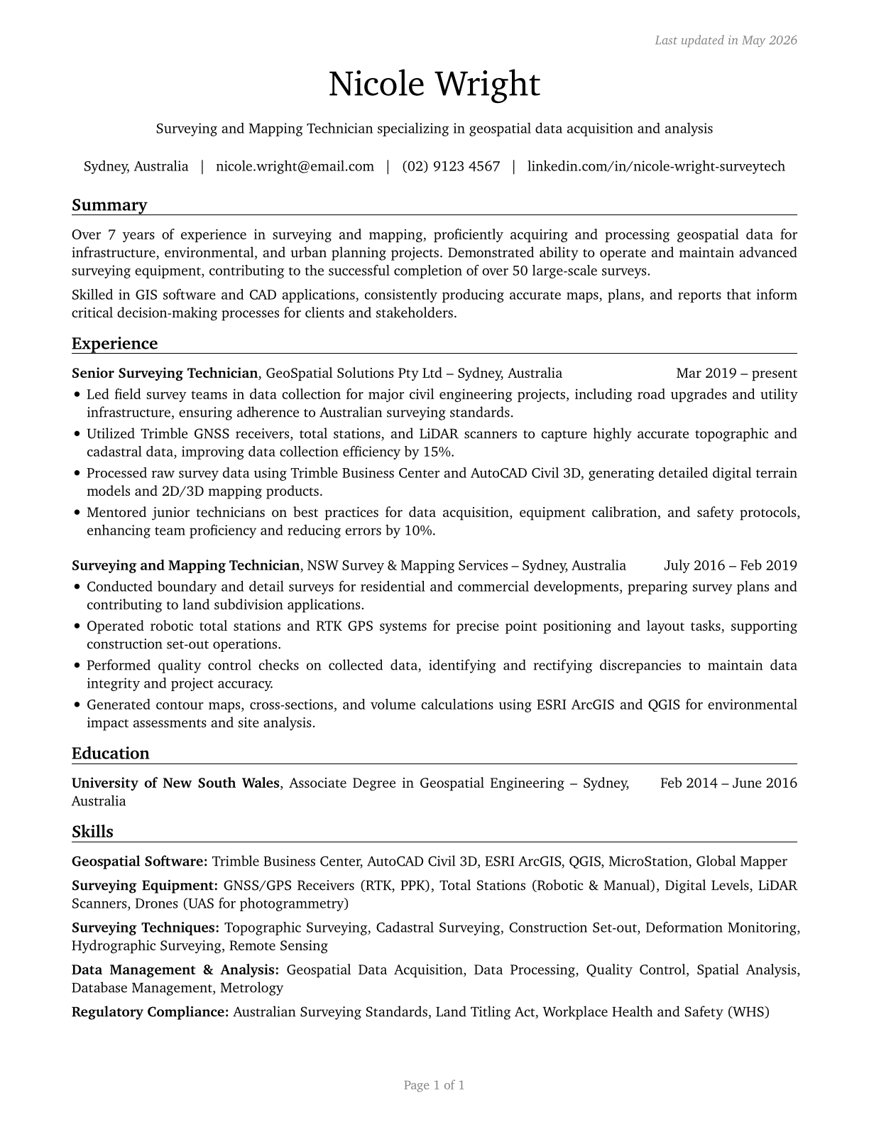 Surveying and Mapping Technicians CV in English — page 1