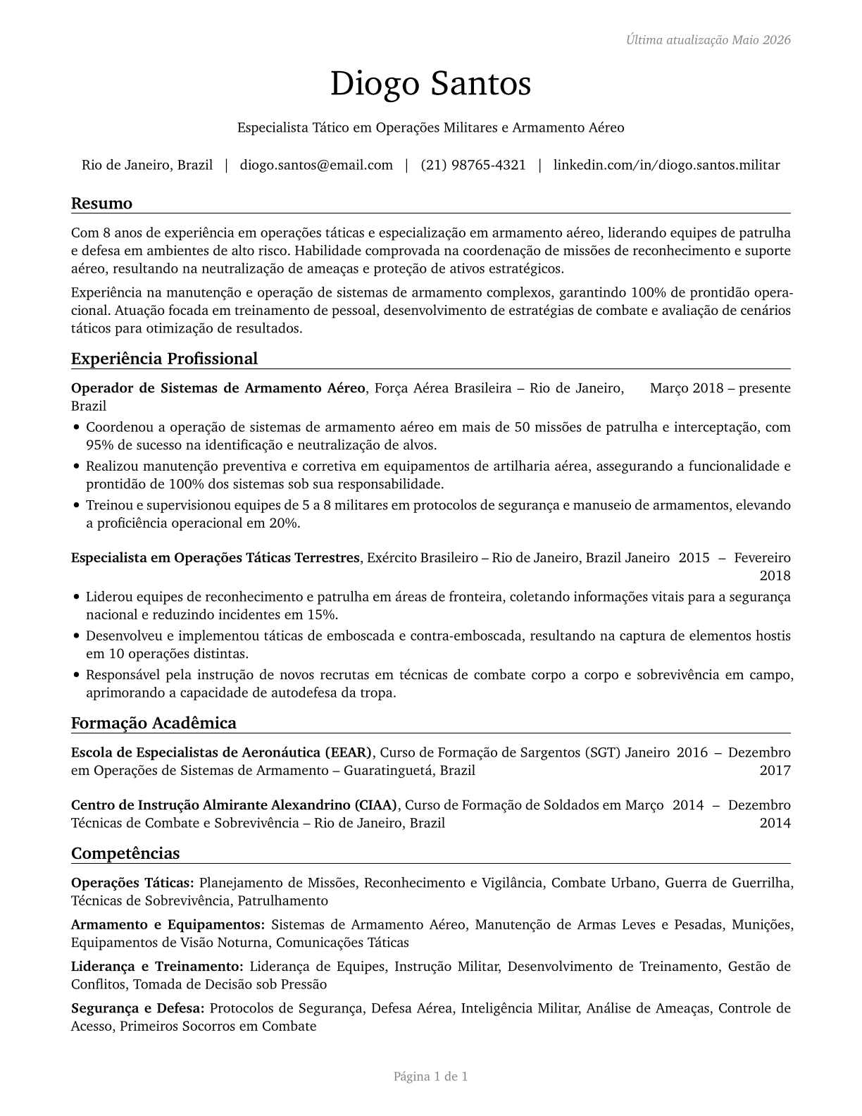 Military Enlisted Tactical Operations and Air/Weapons Specialists and Crew Members, All Other CV in Portuguese — page 1