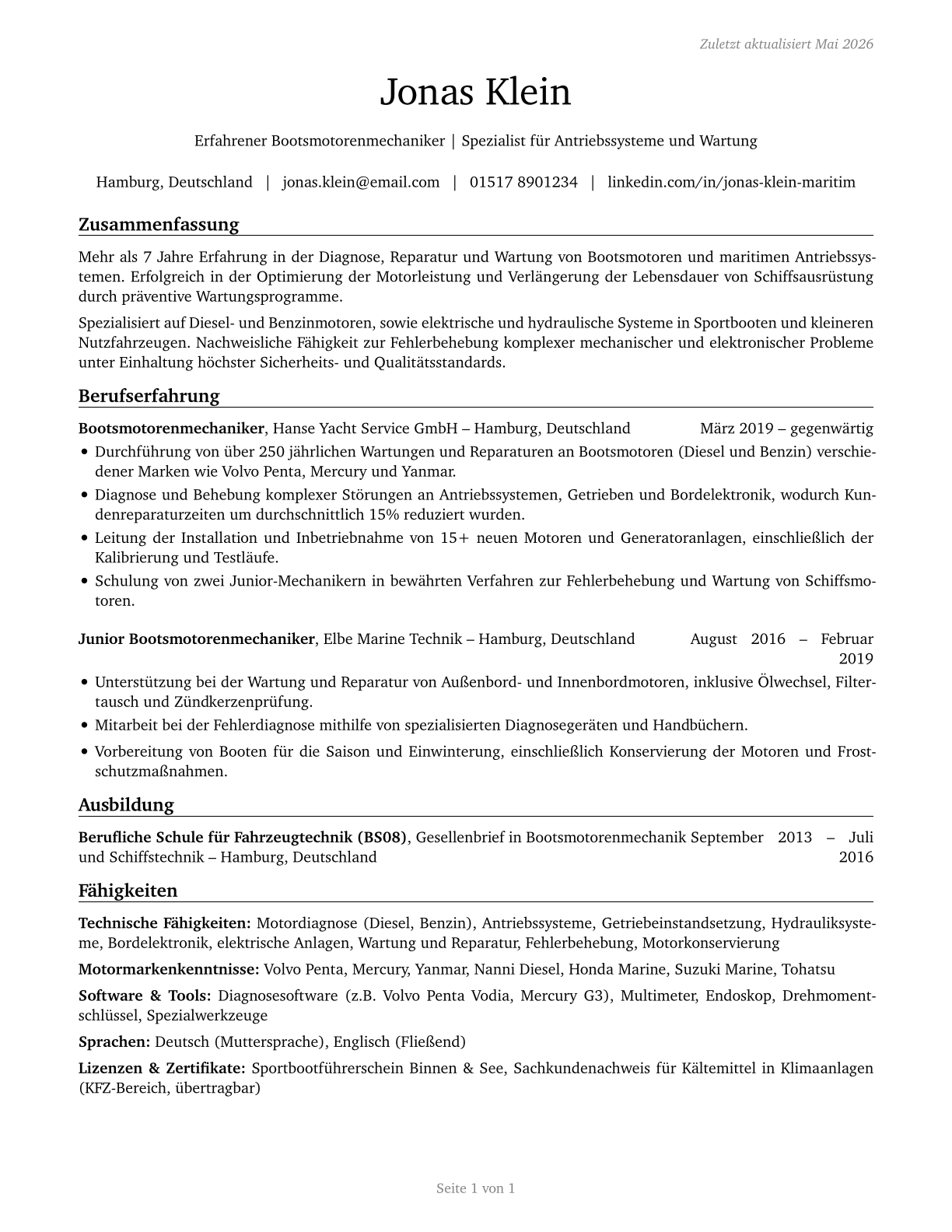 Motorboat Mechanics and Service Technicians CV in German — page 1