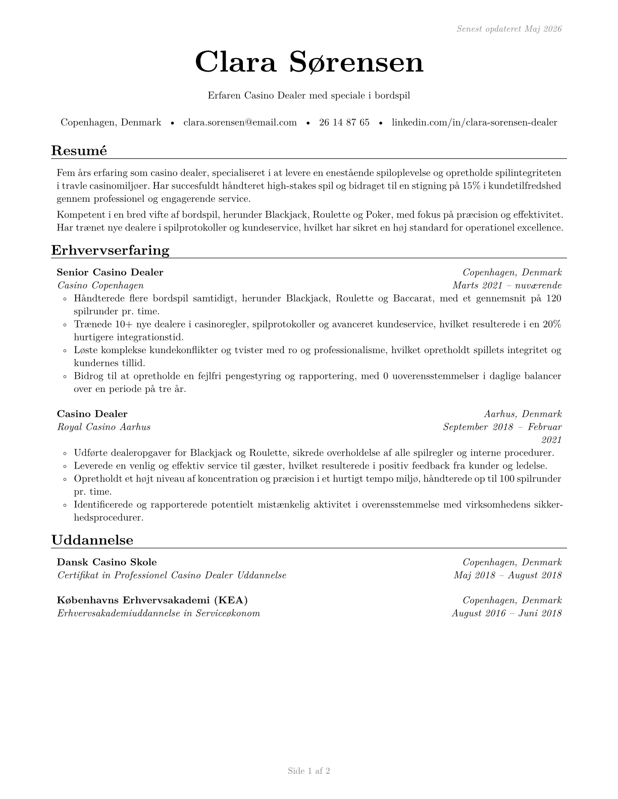 Gambling Dealers CV in Danish — page 1