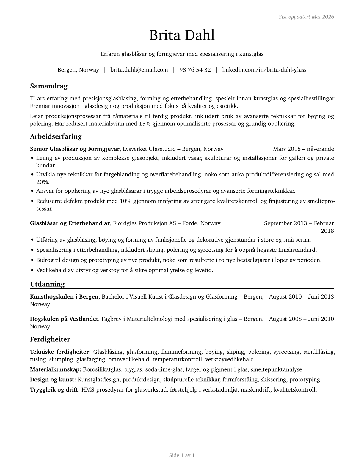 Glass Blowers, Molders, Benders, and Finishers CV in Norwegian_nynorsk — page 1