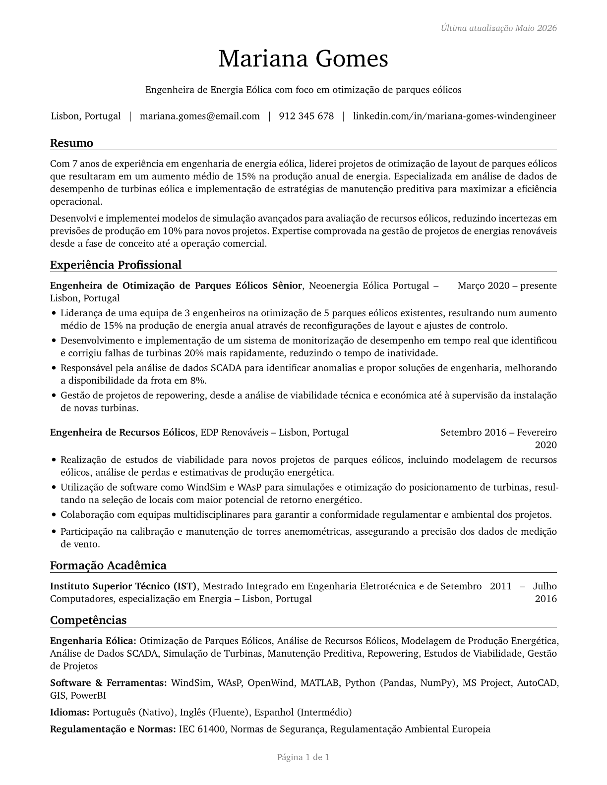 Wind Energy Engineers CV in Portuguese — page 1