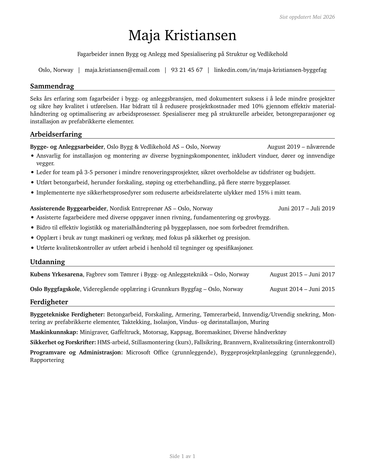 Construction and Related Workers, All Other CV in Norwegian_bokmal — page 1