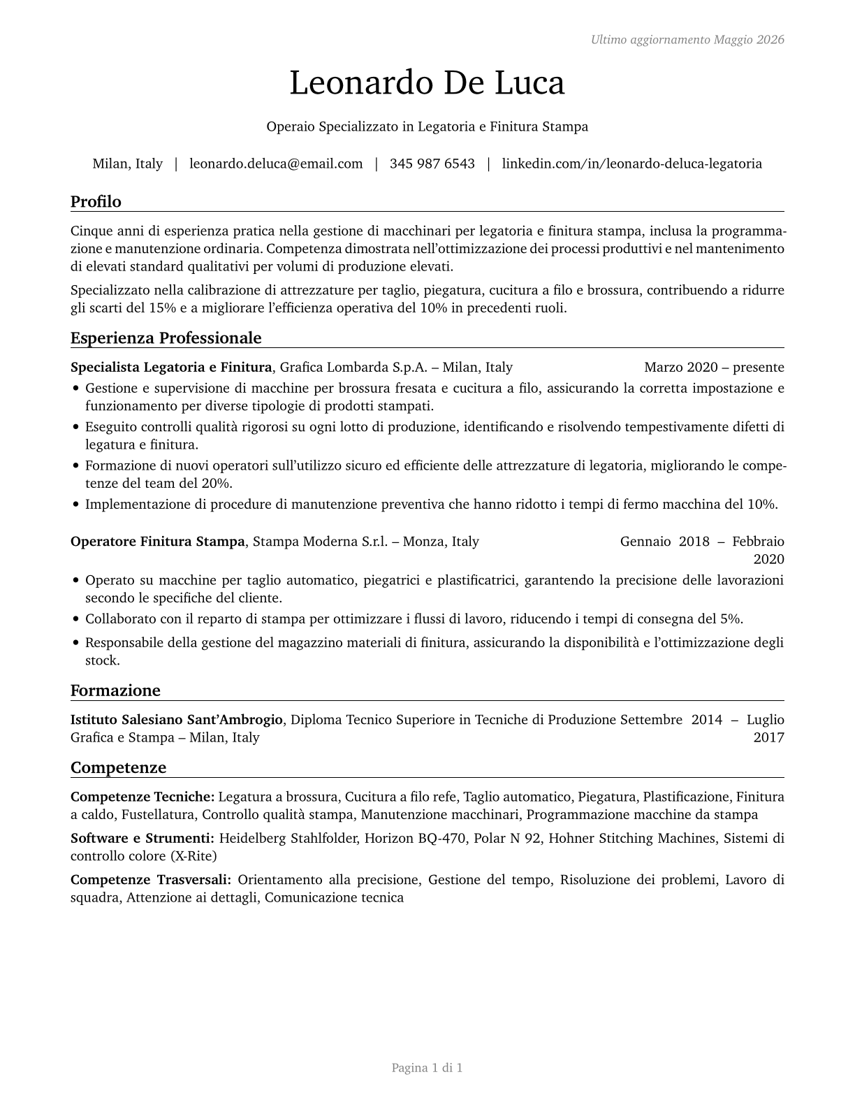 Print Binding and Finishing Workers CV in Italian — page 1