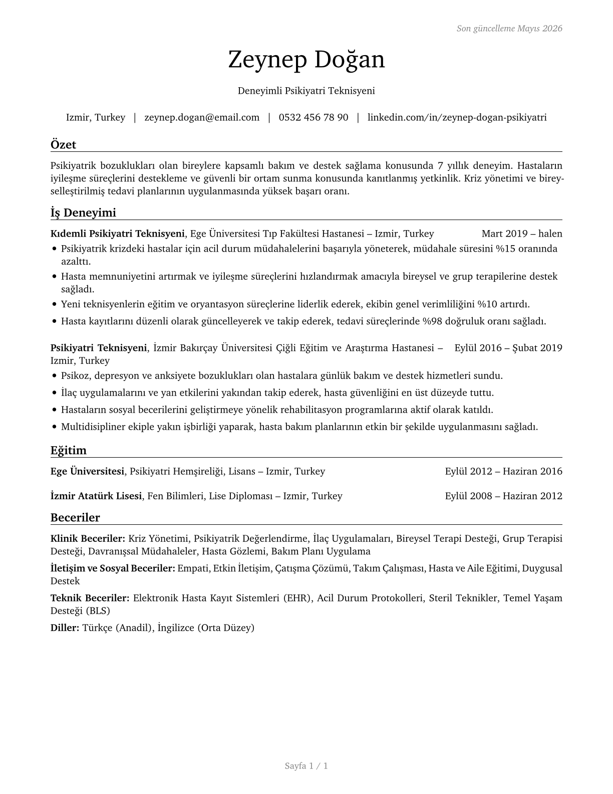 Psychiatric Technicians CV in Turkish — page 1