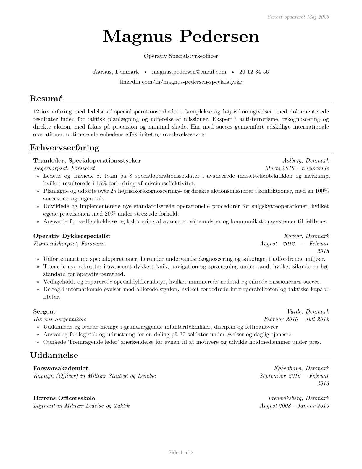 Special Forces Officers CV in Danish — page 1