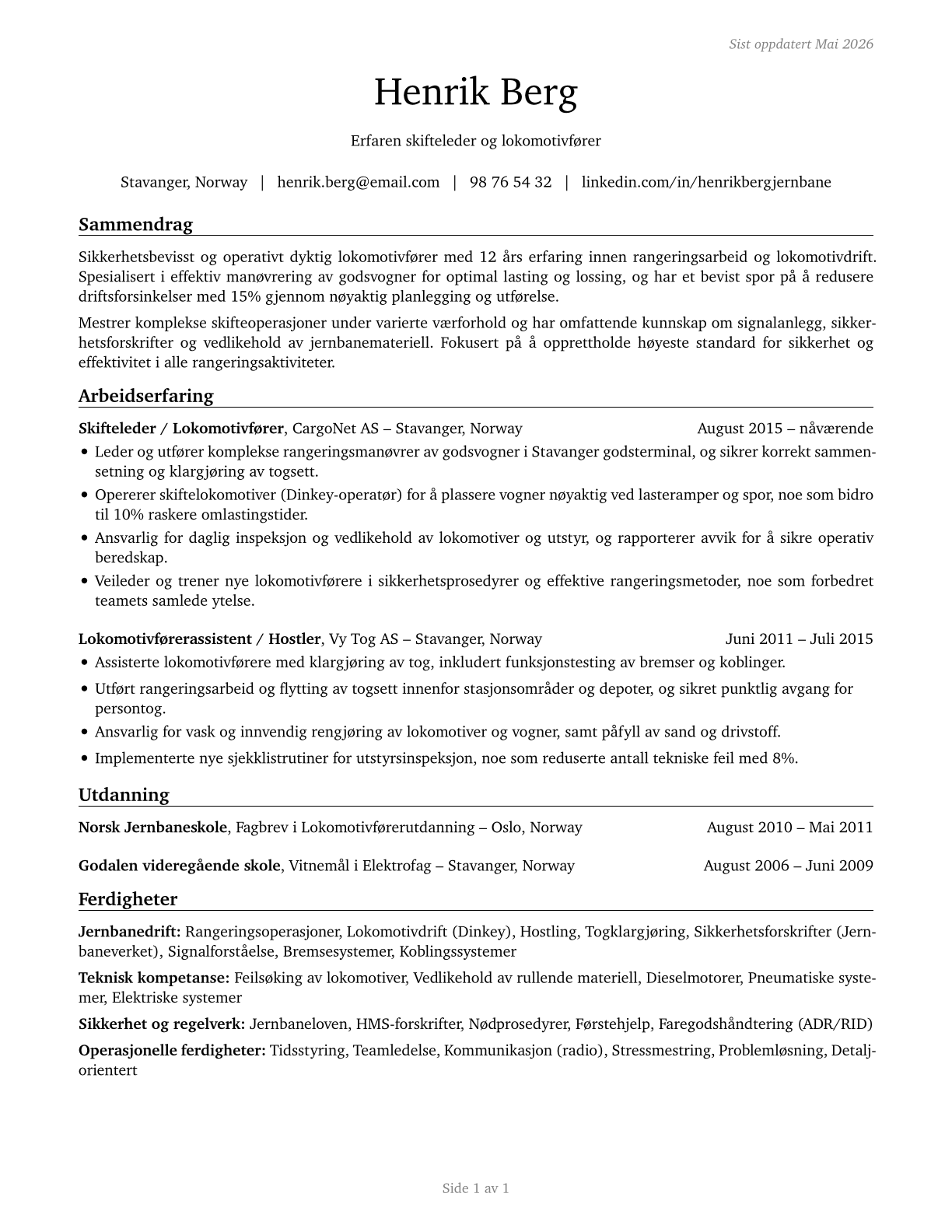 Rail Yard Engineers, Dinkey Operators, and Hostlers CV in Norwegian_bokmal — page 1