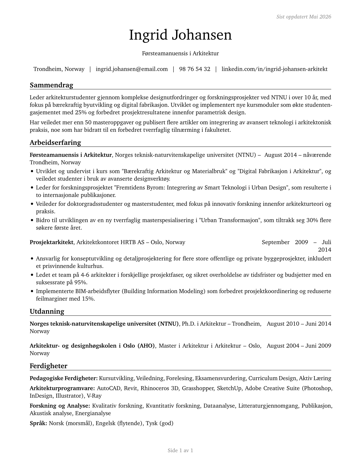 Architecture Teachers, Postsecondary CV in Norwegian_bokmal — page 1