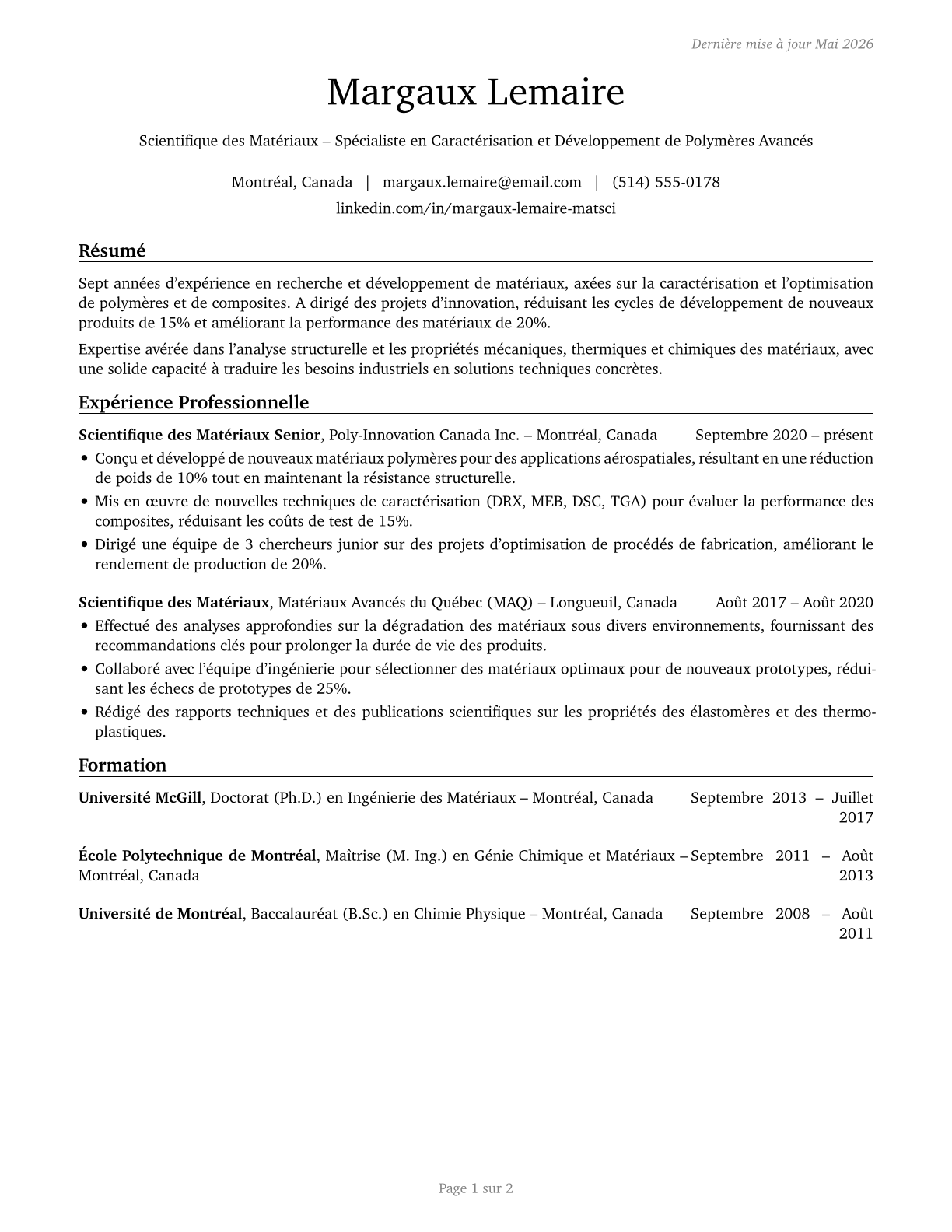 Materials Scientists CV in French — page 1