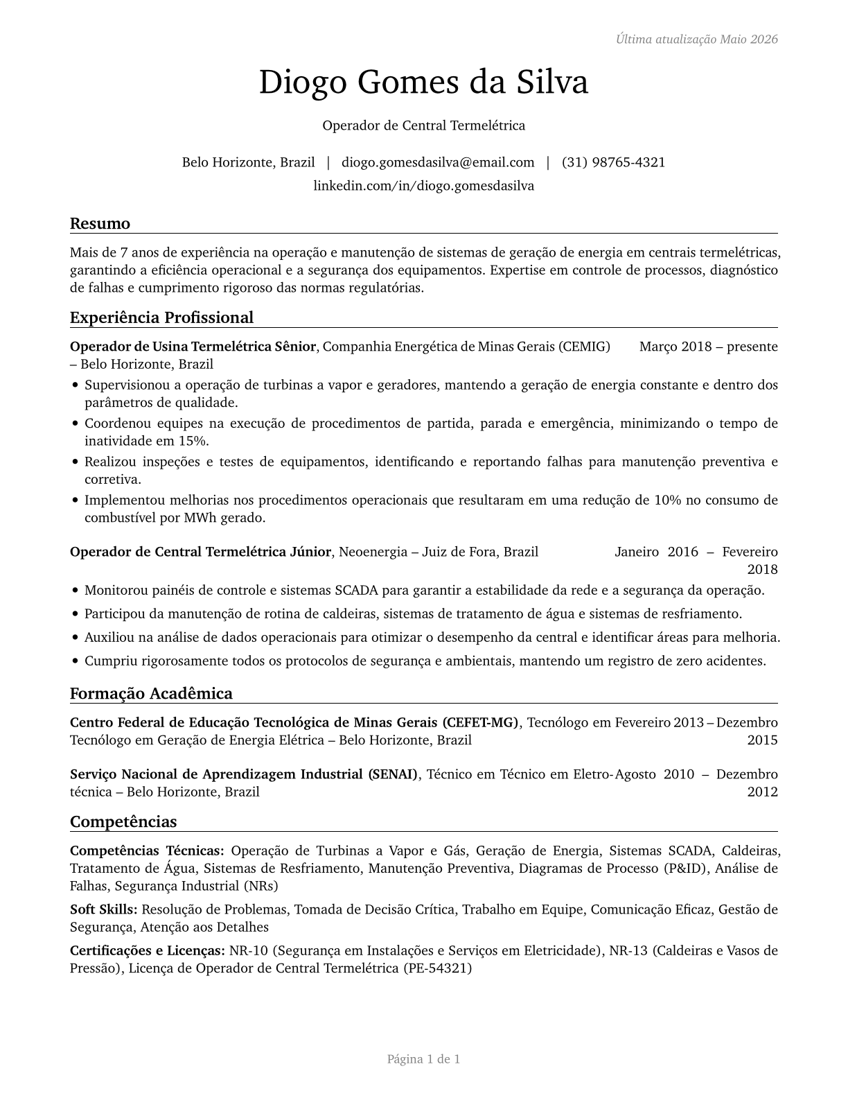 Power Plant Operators CV in Portuguese — page 1