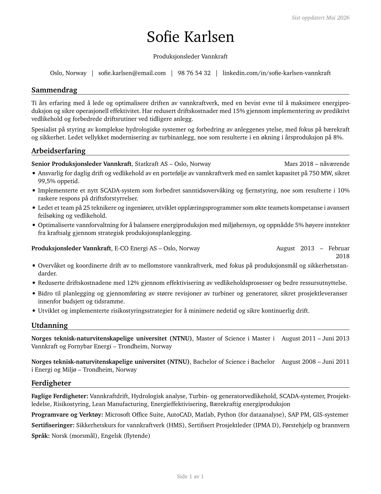Hydroelectric Production Managers CV in Norwegian_bokmal — page 1