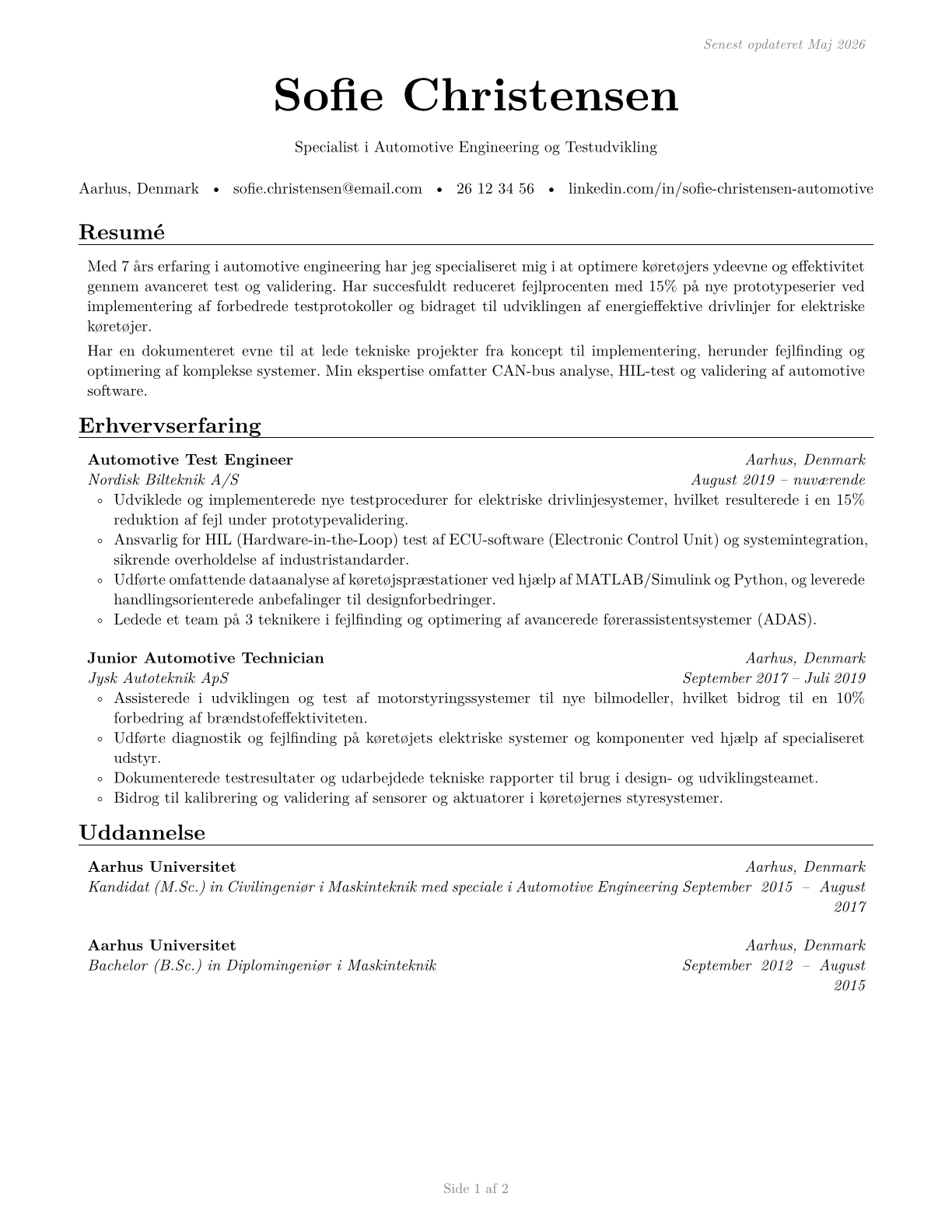 Automotive Engineering Technicians CV in Danish — page 1