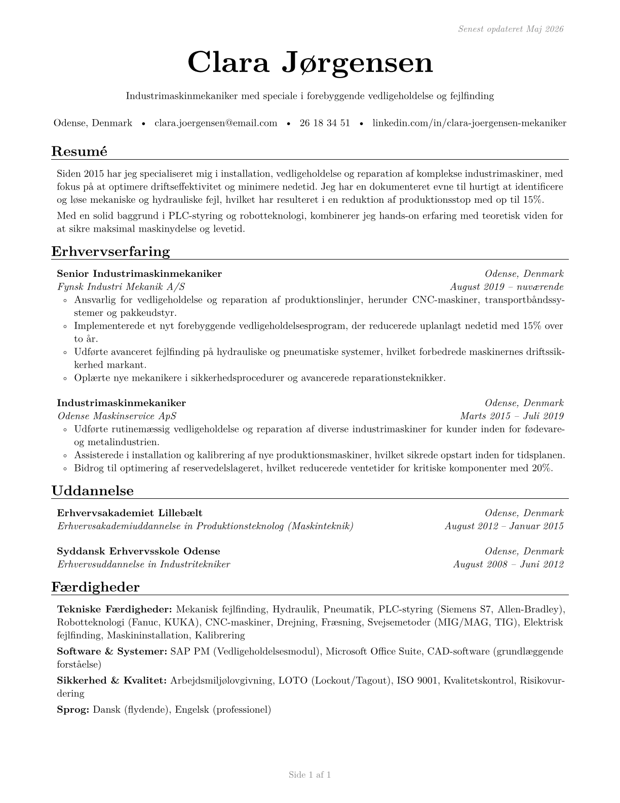 Industrial Machinery Mechanics CV in Danish — page 1