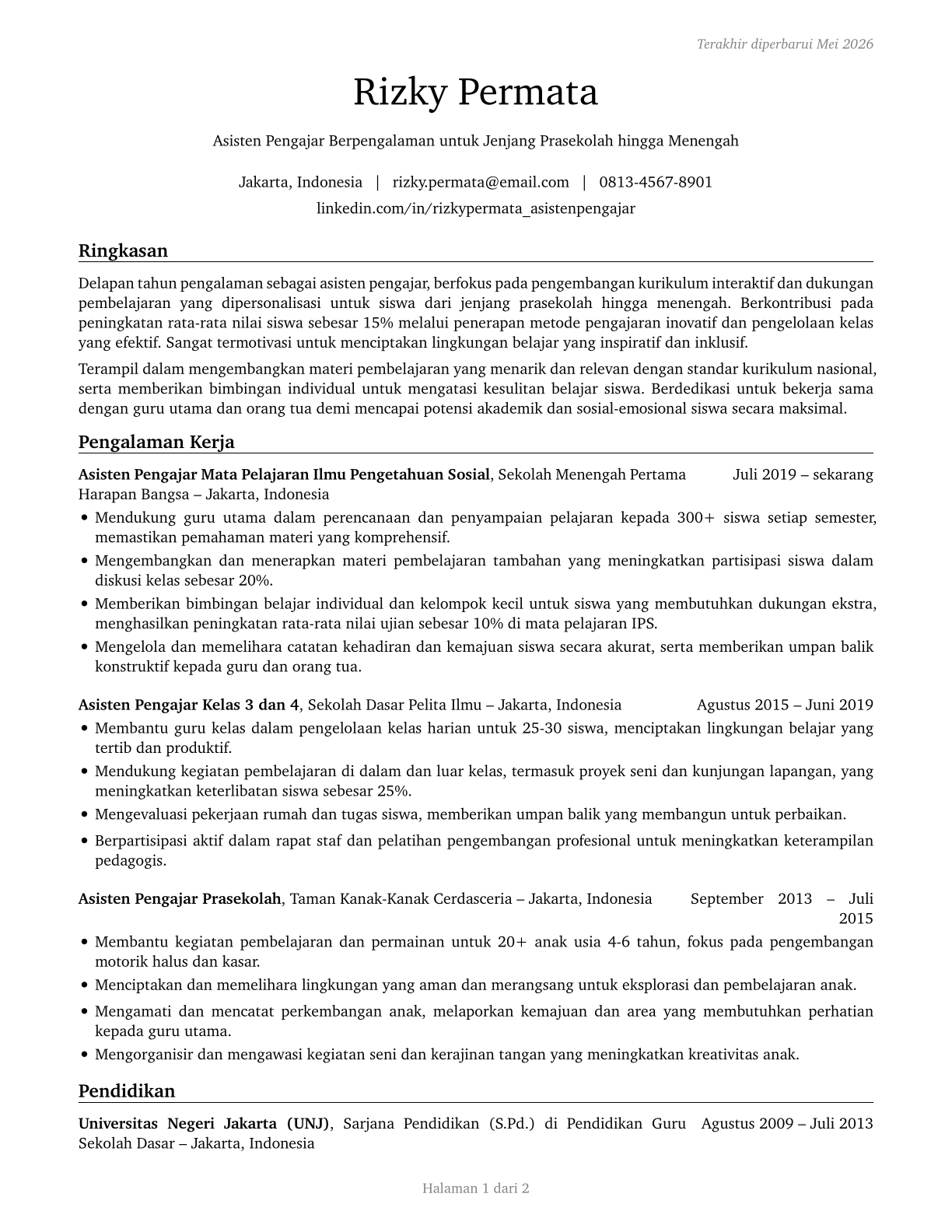 Teaching Assistants, Preschool, Elementary, Middle, and Secondary School, Except Special Education CV in Indonesian — page 1