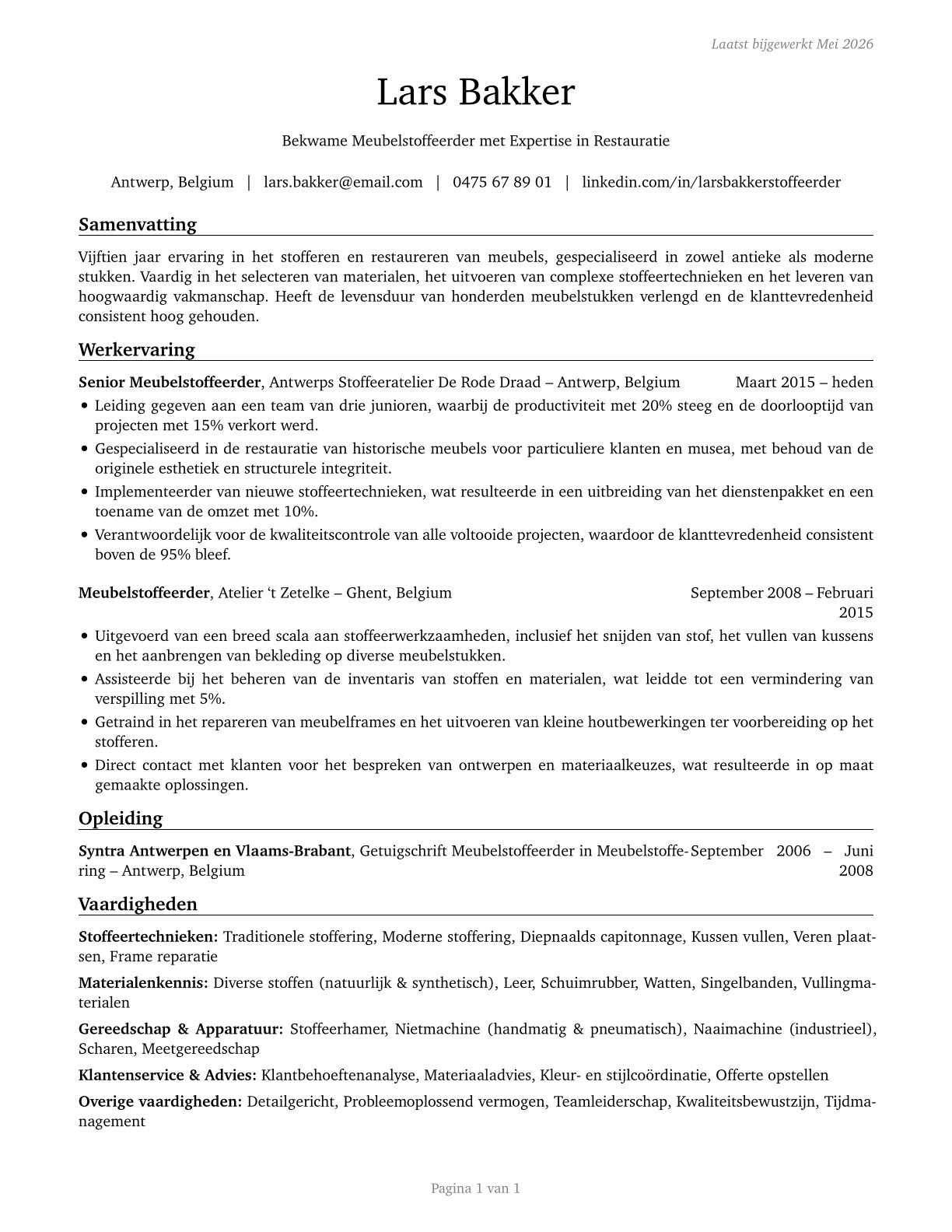 Upholsterers CV in Dutch — page 1