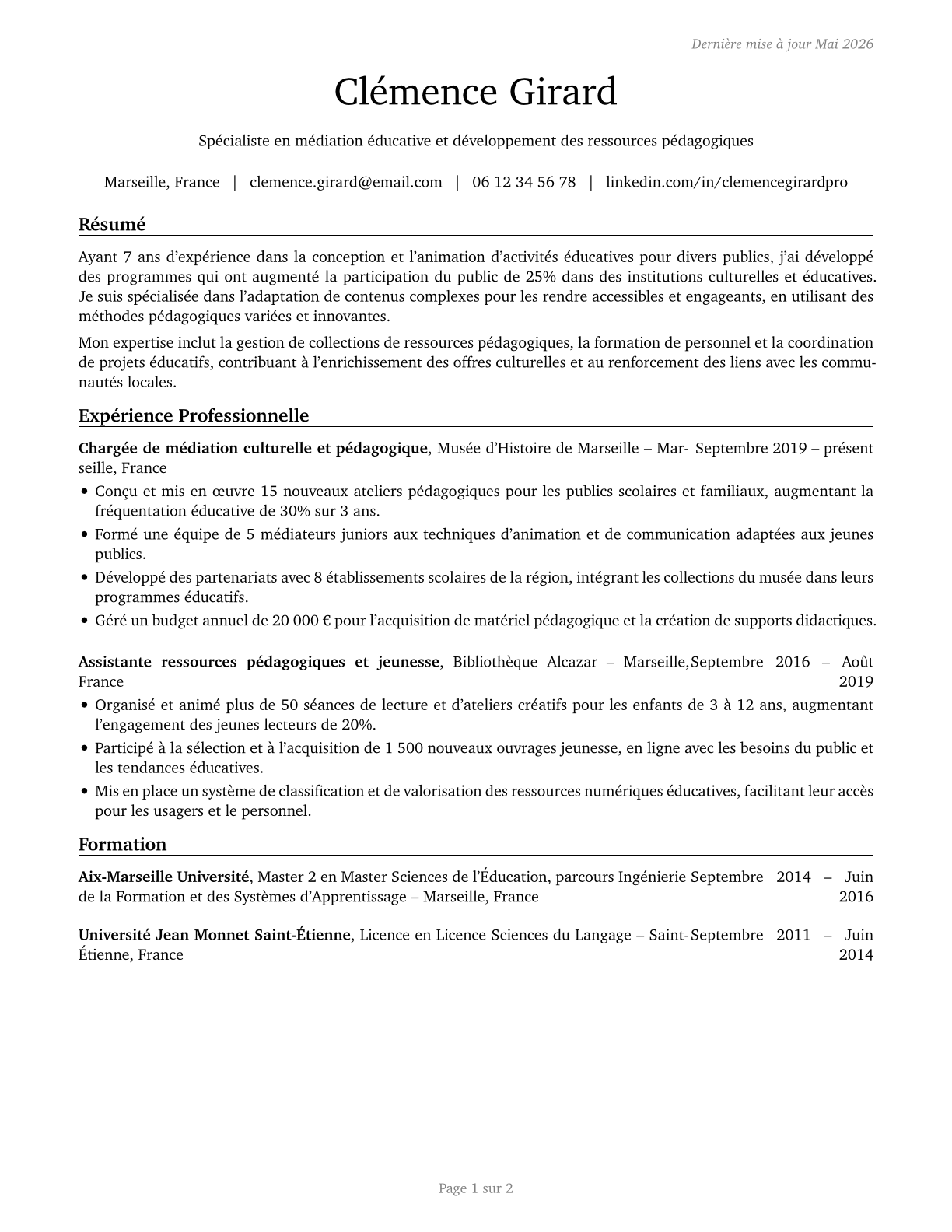 Educational Instruction and Library Workers, All Other CV in French — page 1
