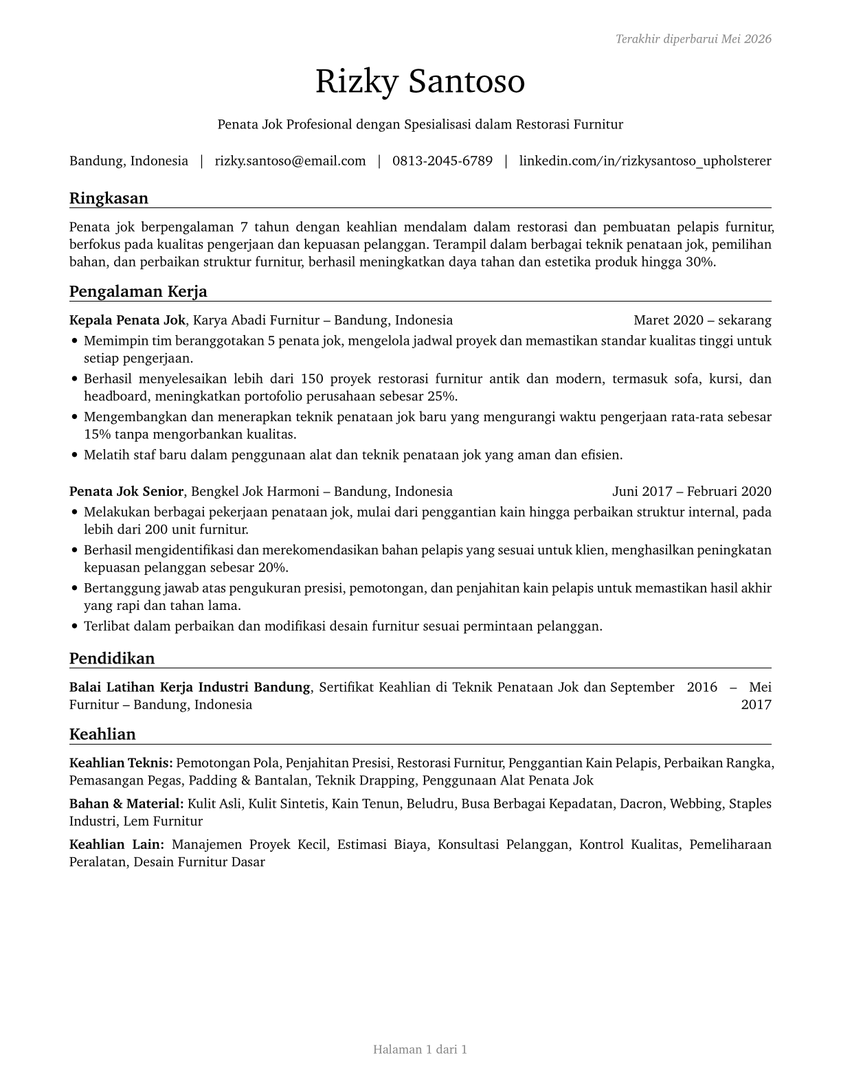Upholsterers CV in Indonesian — page 1