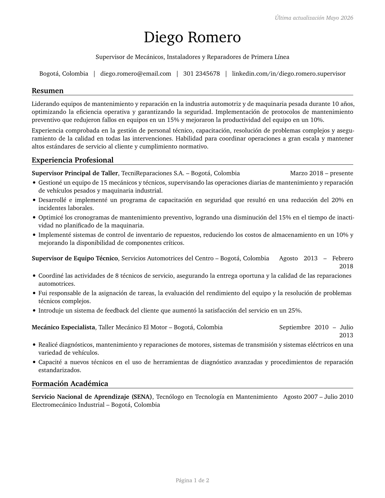 First-Line Supervisors of Mechanics, Installers, and Repairers CV in Spanish — page 1