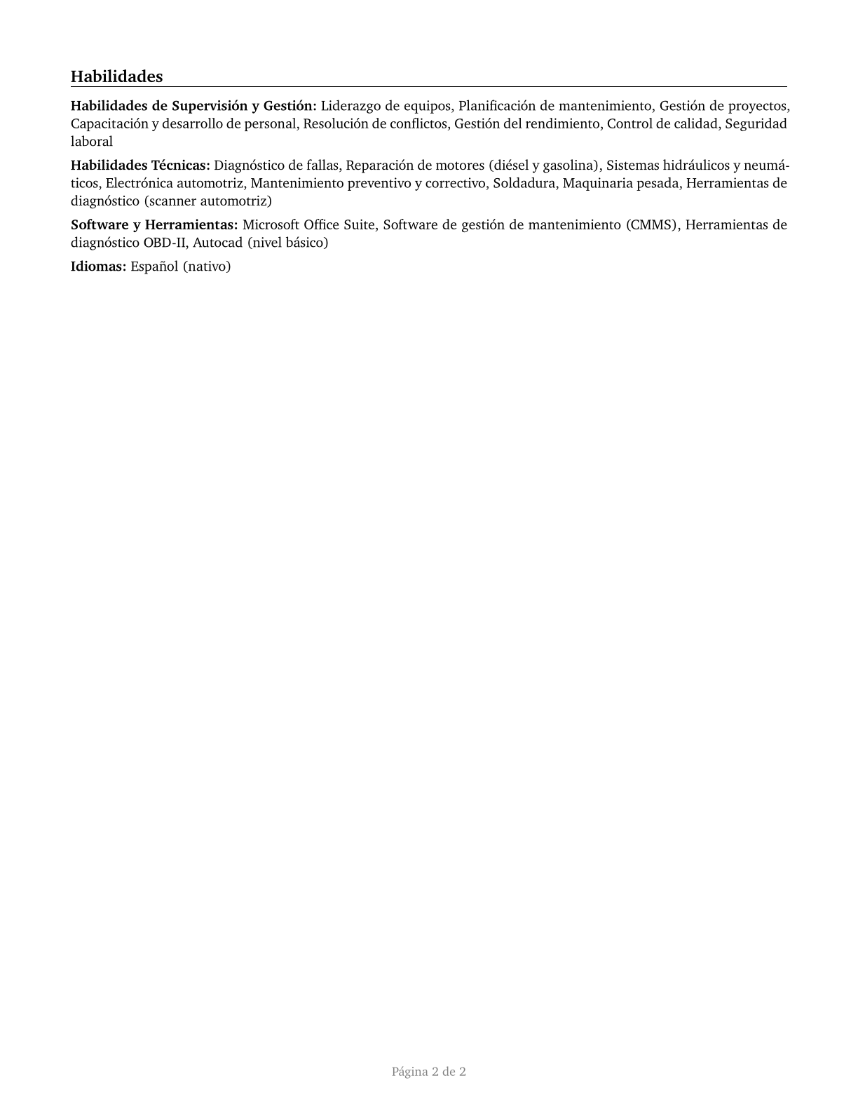 First-Line Supervisors of Mechanics, Installers, and Repairers CV in Spanish — page 2