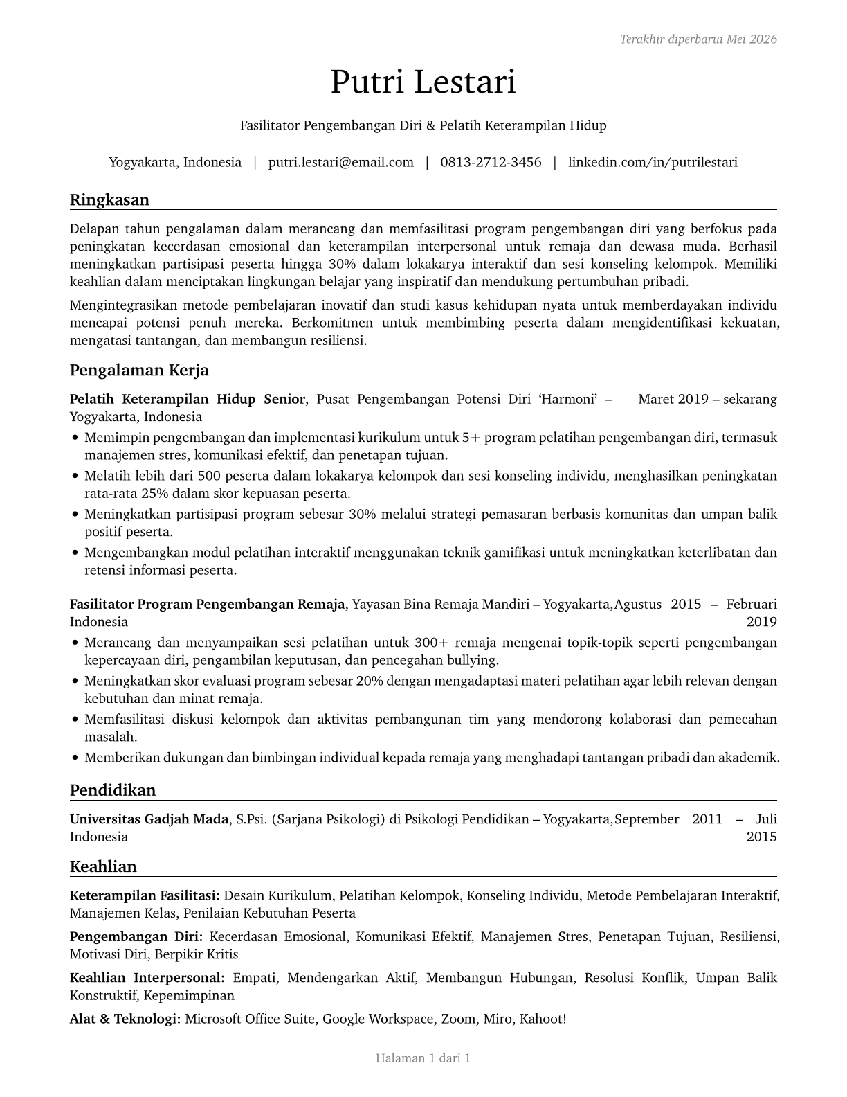Self-Enrichment Teachers CV in Indonesian — page 1