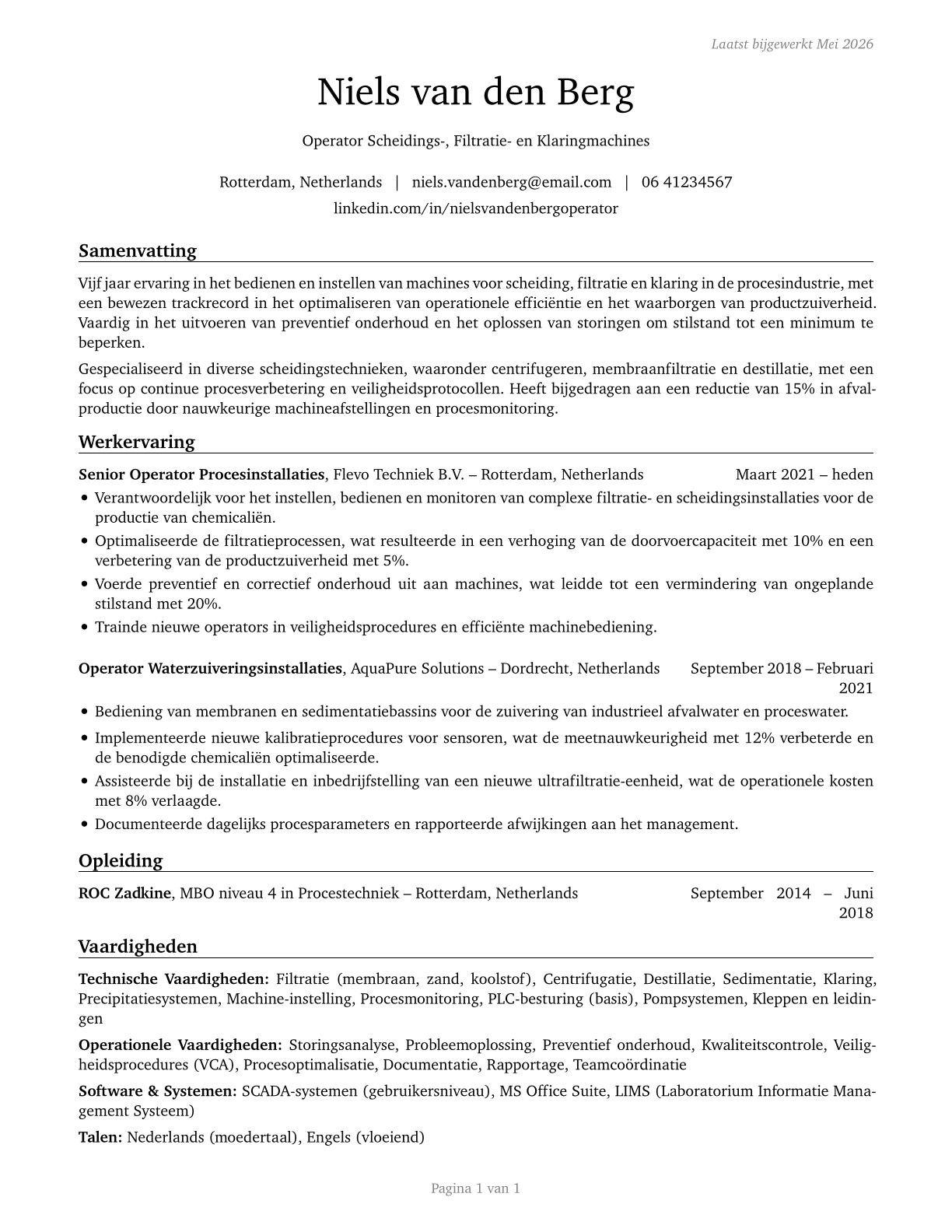 Separating, Filtering, Clarifying, Precipitating, and Still Machine Setters, Operators, and Tenders CV in Dutch — page 1