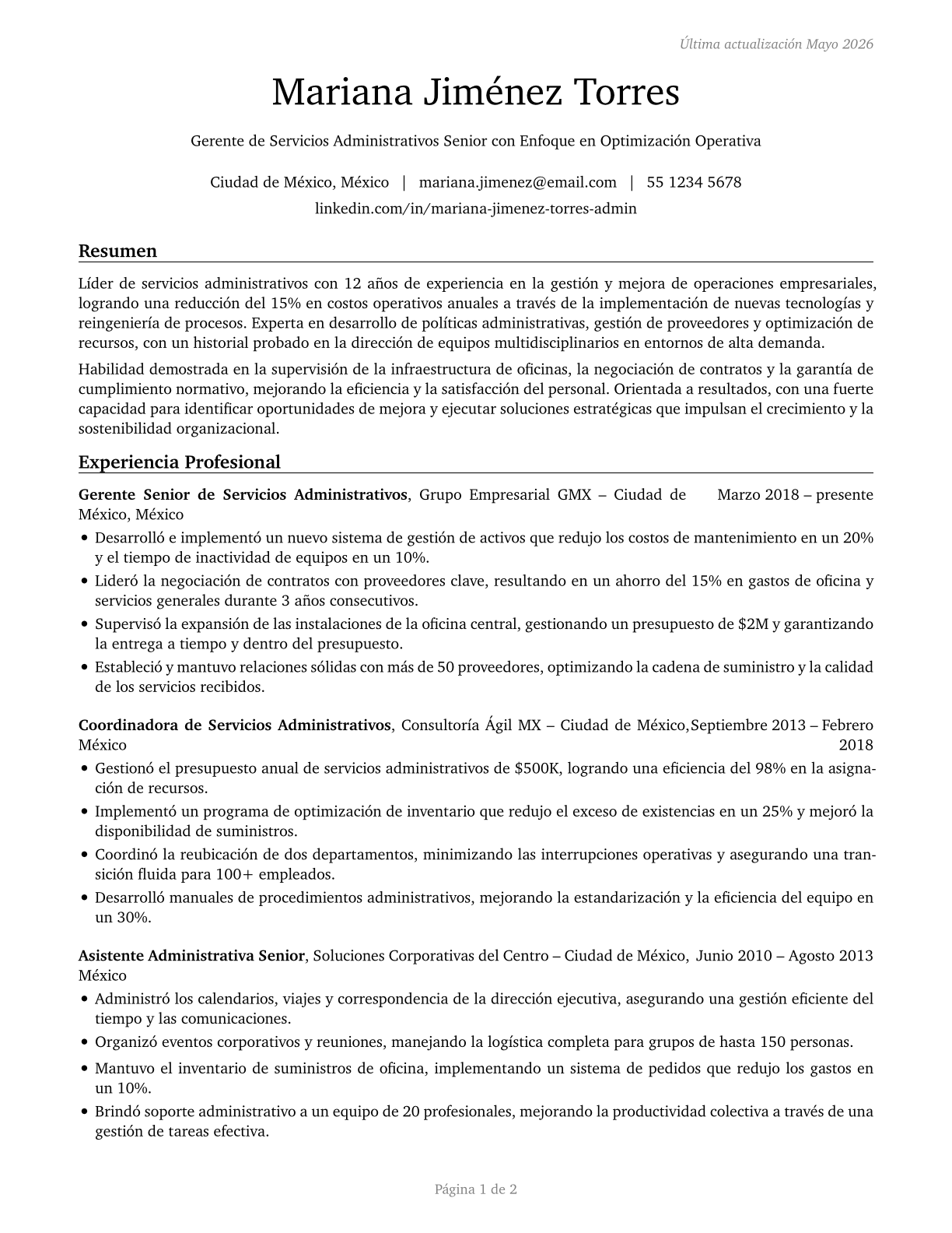 Administrative Services Managers CV in Spanish — page 1
