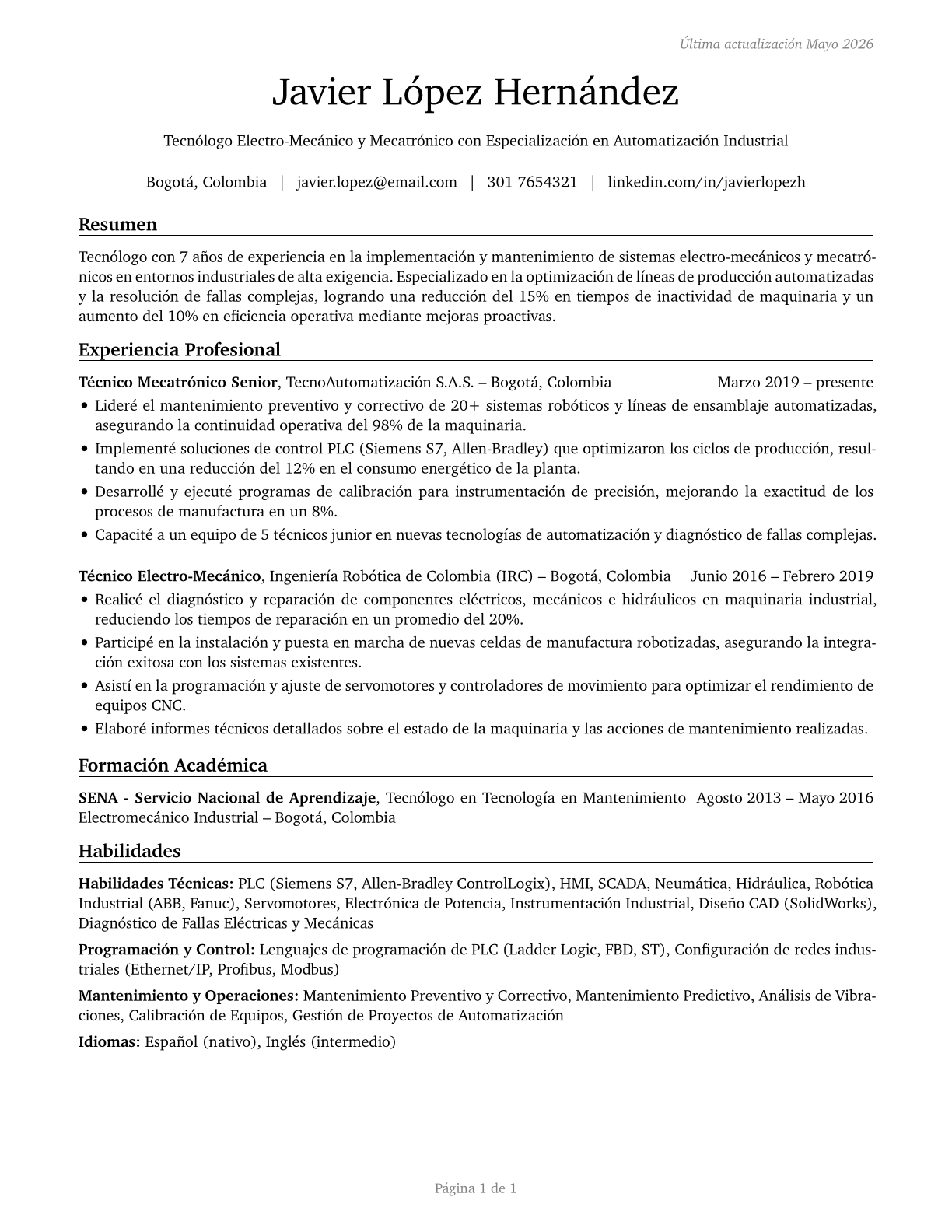 Electro-Mechanical and Mechatronics Technologists and Technicians CV in Spanish — page 1