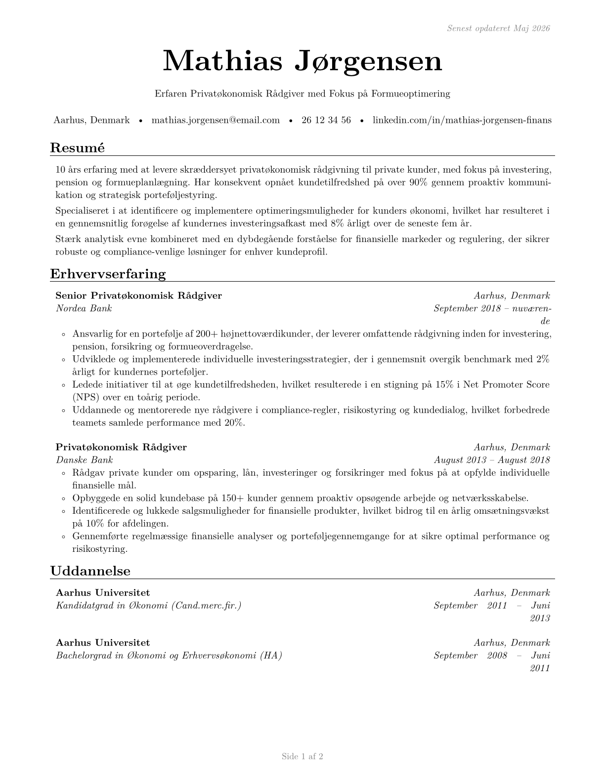 Personal Financial Advisors CV in Danish — page 1