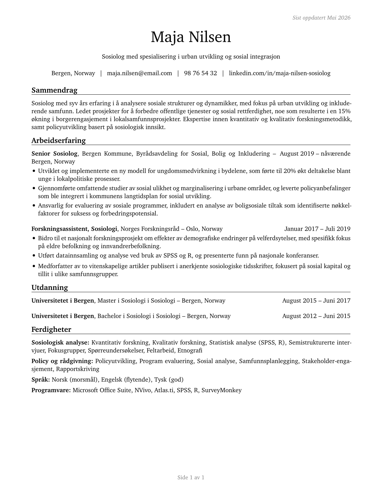 Sociologists CV in Norwegian_bokmal — page 1