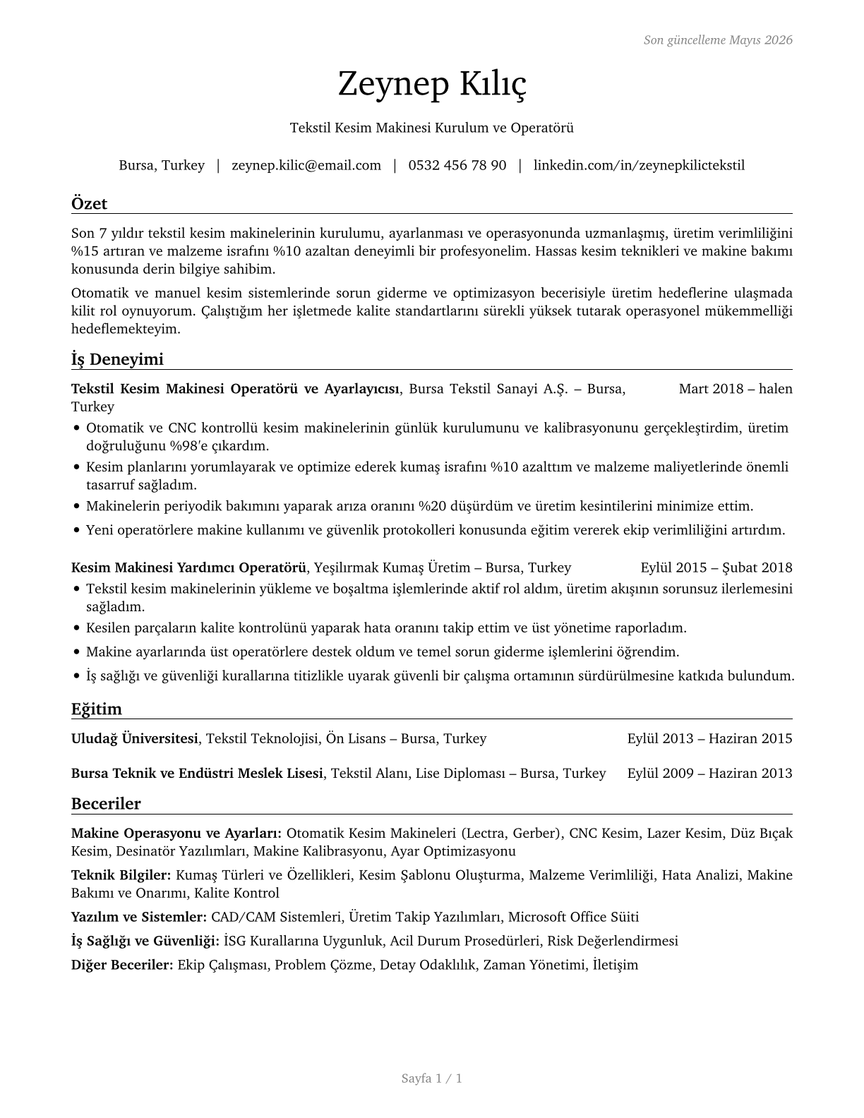 Textile Cutting Machine Setters, Operators, and Tenders CV in Turkish — page 1