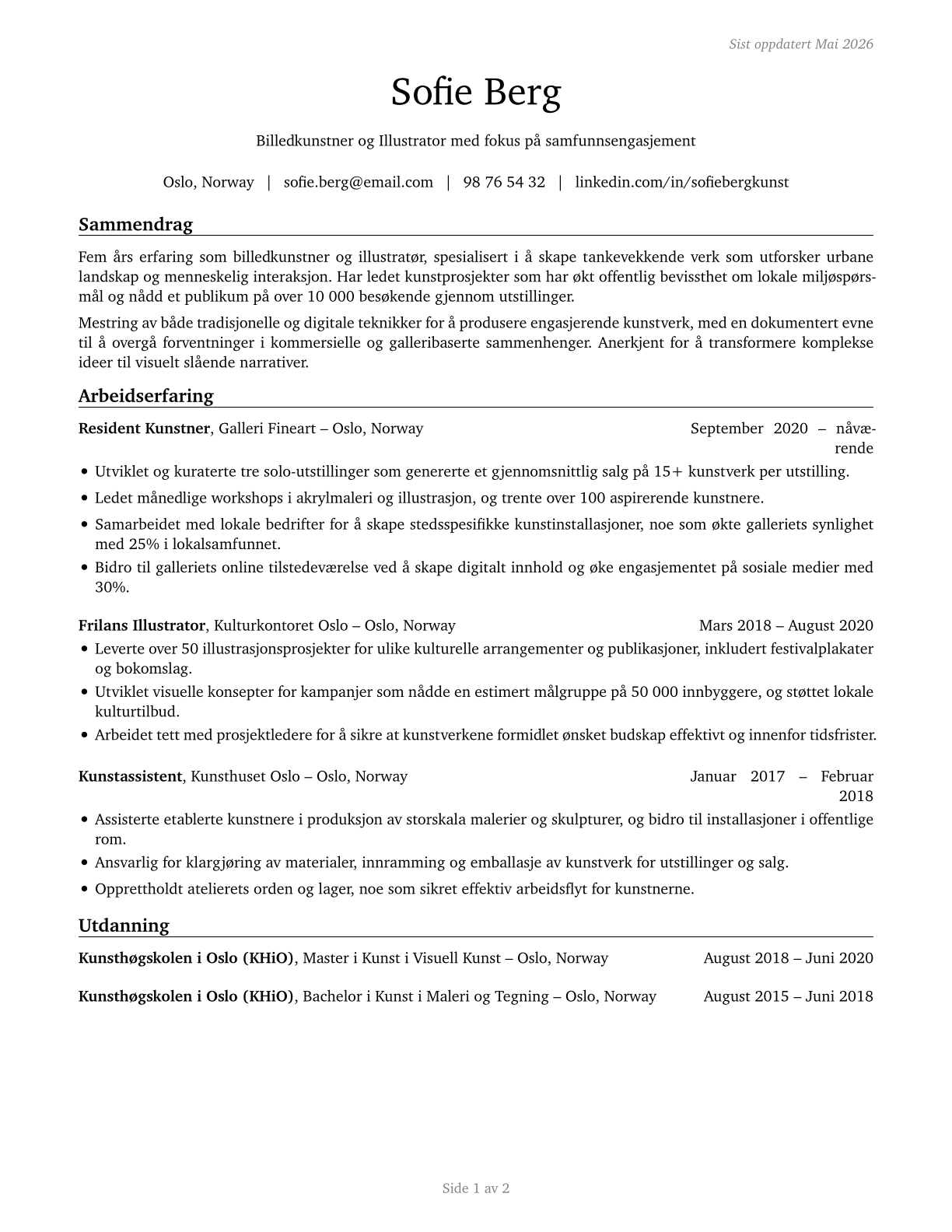 Fine Artists, Including Painters, Sculptors, and Illustrators CV in Norwegian_bokmal — page 1
