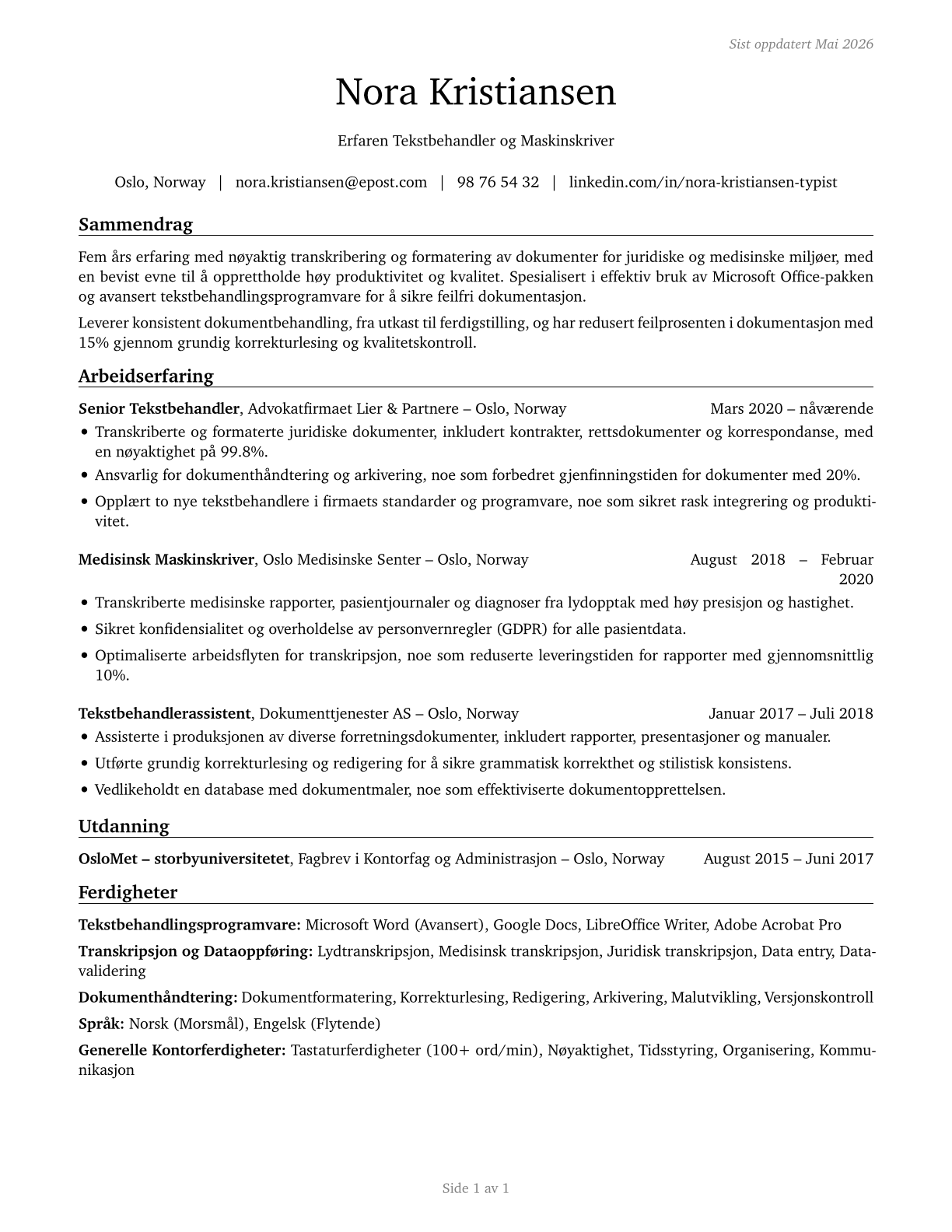Word Processors and Typists CV in Norwegian_bokmal — page 1