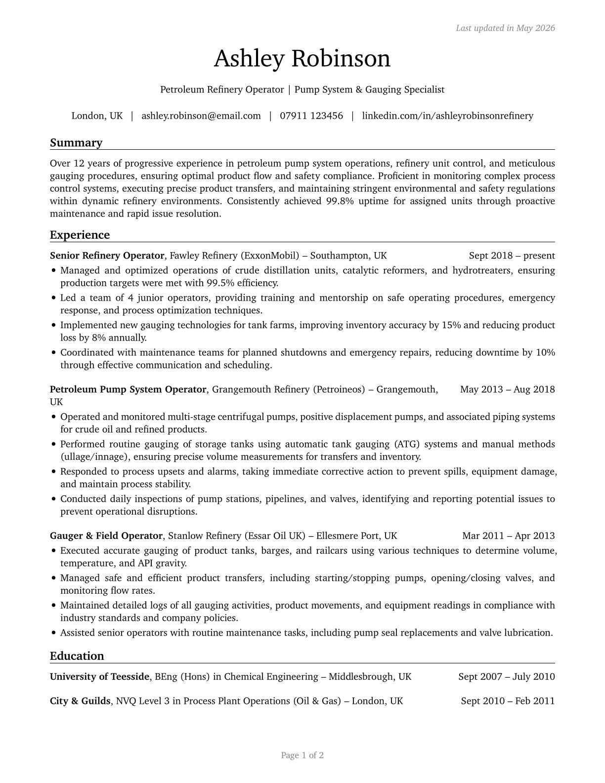 Petroleum Pump System Operators, Refinery Operators, and Gaugers CV in English — page 1