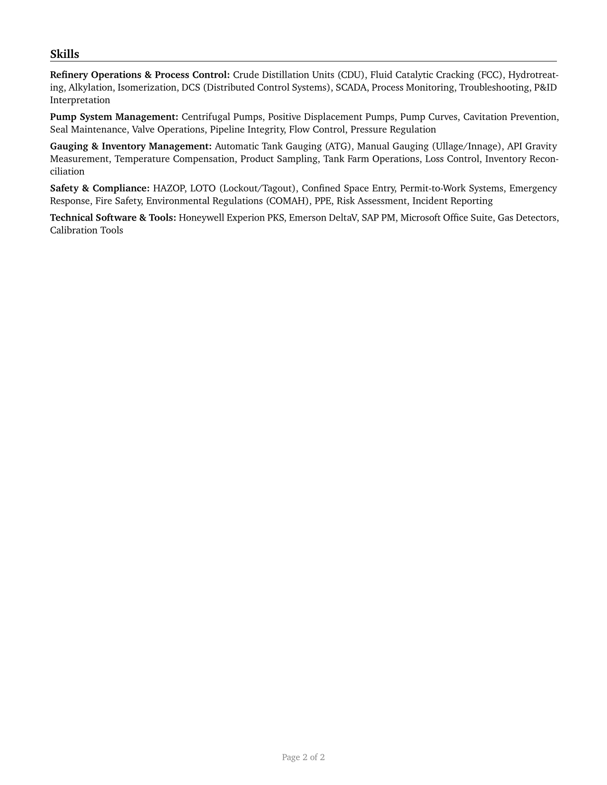 Petroleum Pump System Operators, Refinery Operators, and Gaugers CV in English — page 2