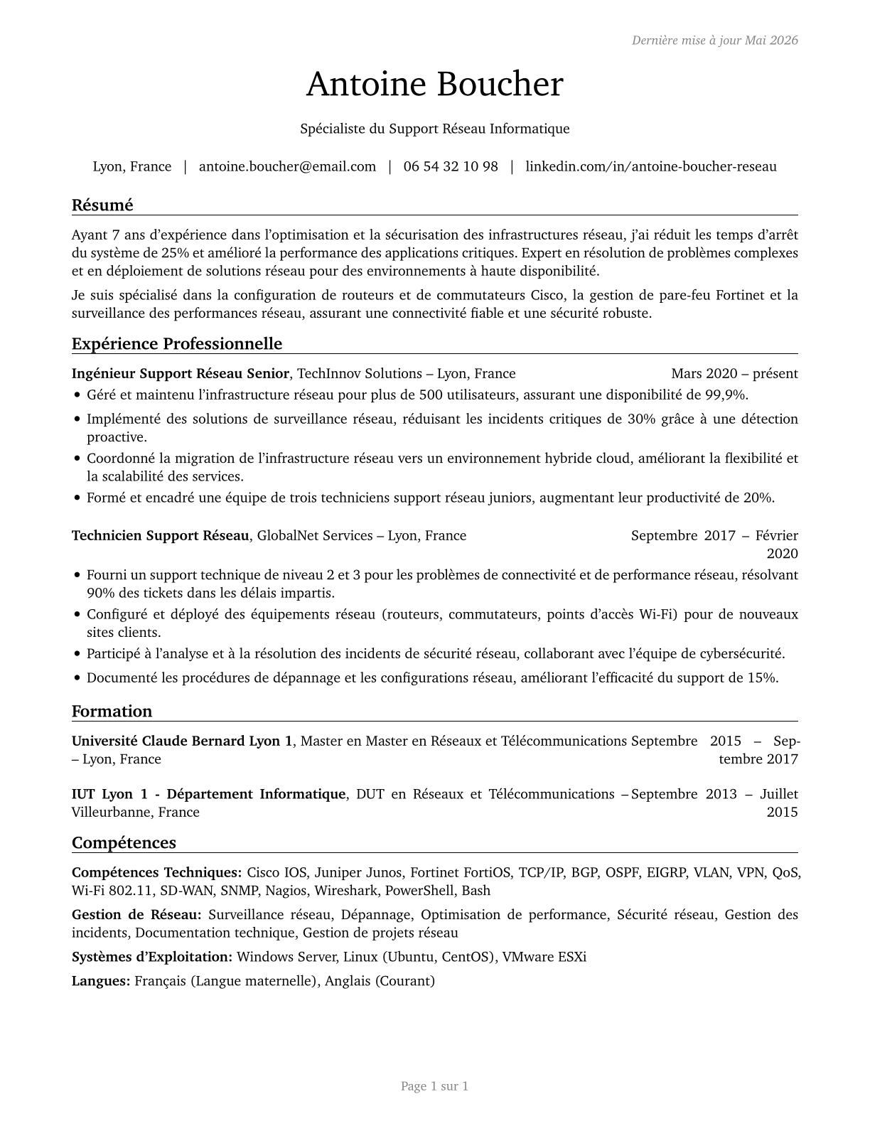 Computer Network Support Specialists CV in French — page 1