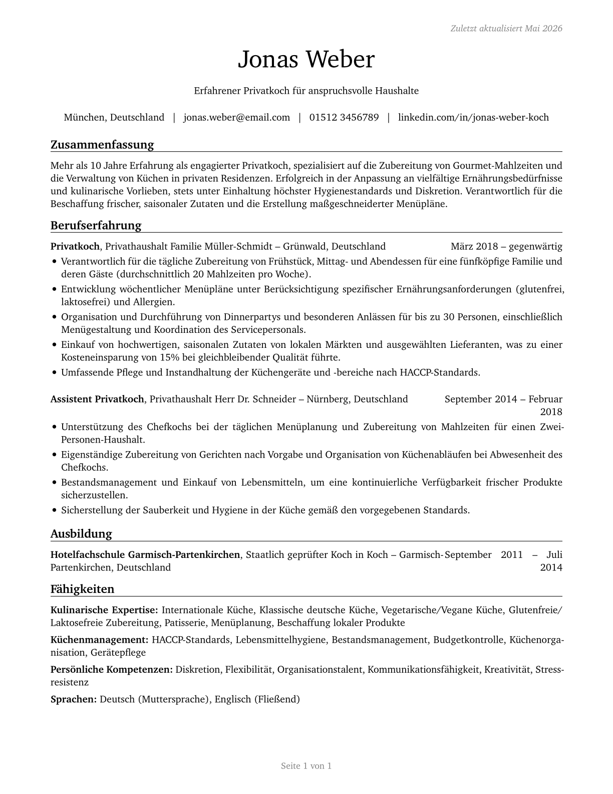 Cooks, Private Household CV in German — page 1