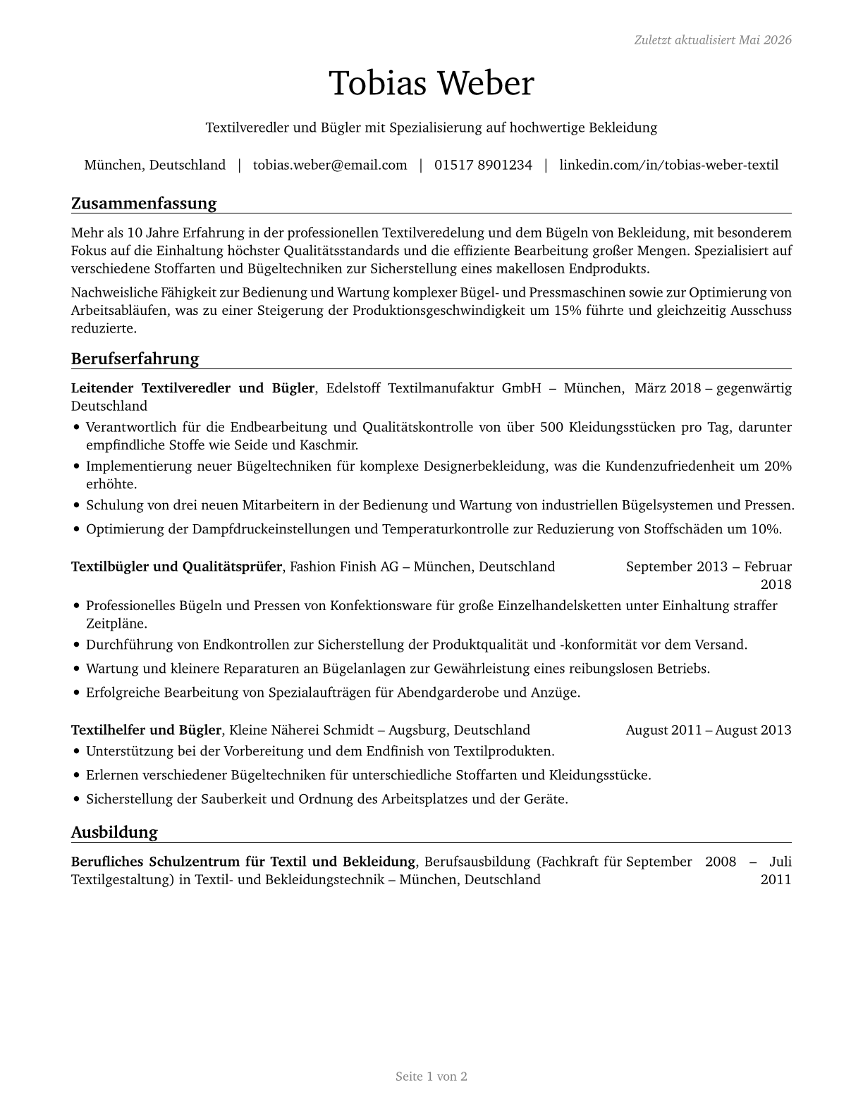 Pressers, Textile, Garment, and Related Materials CV in German — page 1