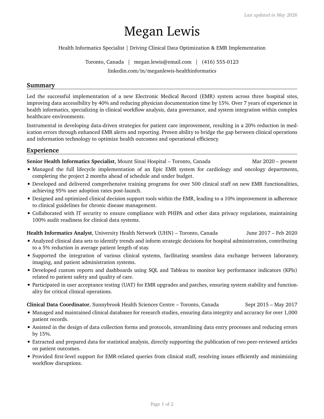 Health Informatics Specialists CV in English — page 1