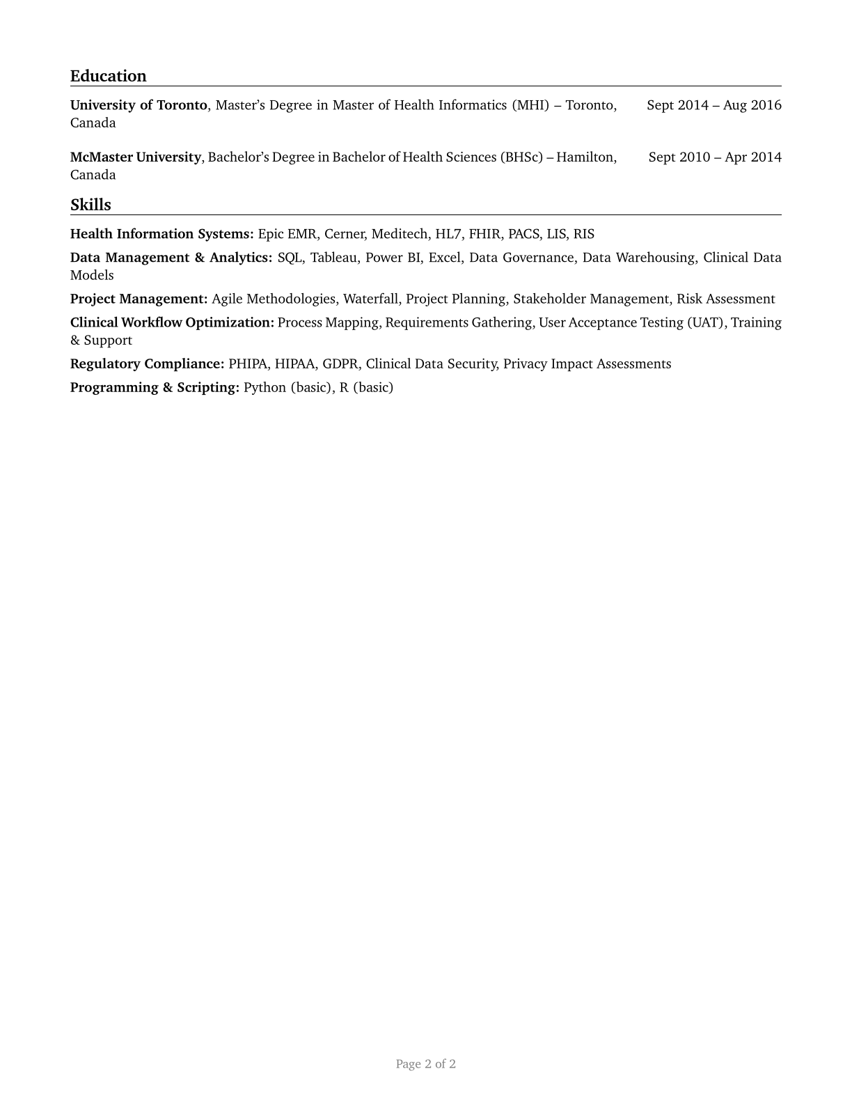 Health Informatics Specialists CV in English — page 2