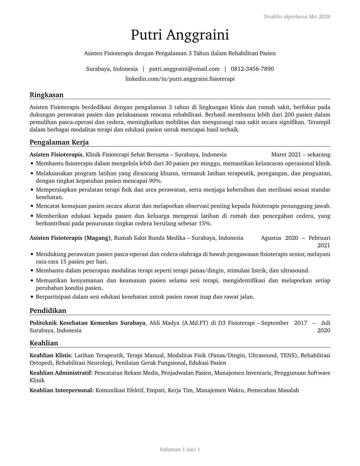 Physical Therapist Aides CV in Indonesian — page 1