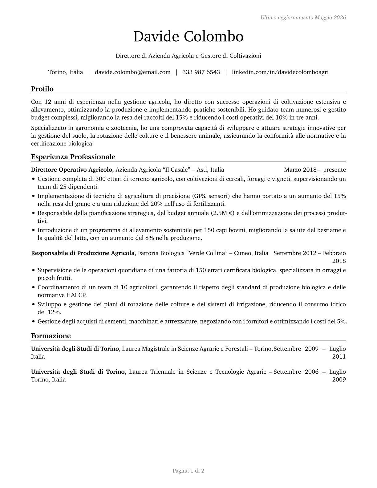 Farmers, Ranchers, and Other Agricultural Managers CV in Italian — page 1