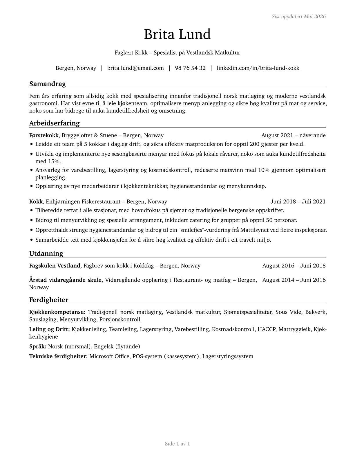 Cooks, All Other CV in Norwegian_nynorsk — page 1