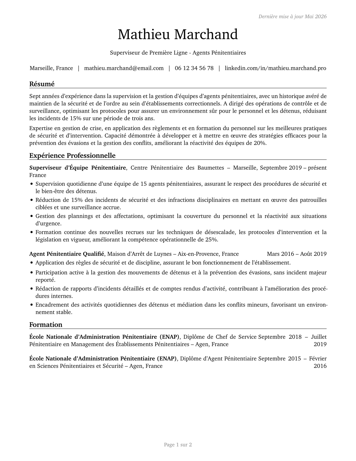 First-Line Supervisors of Correctional Officers CV in French — page 1